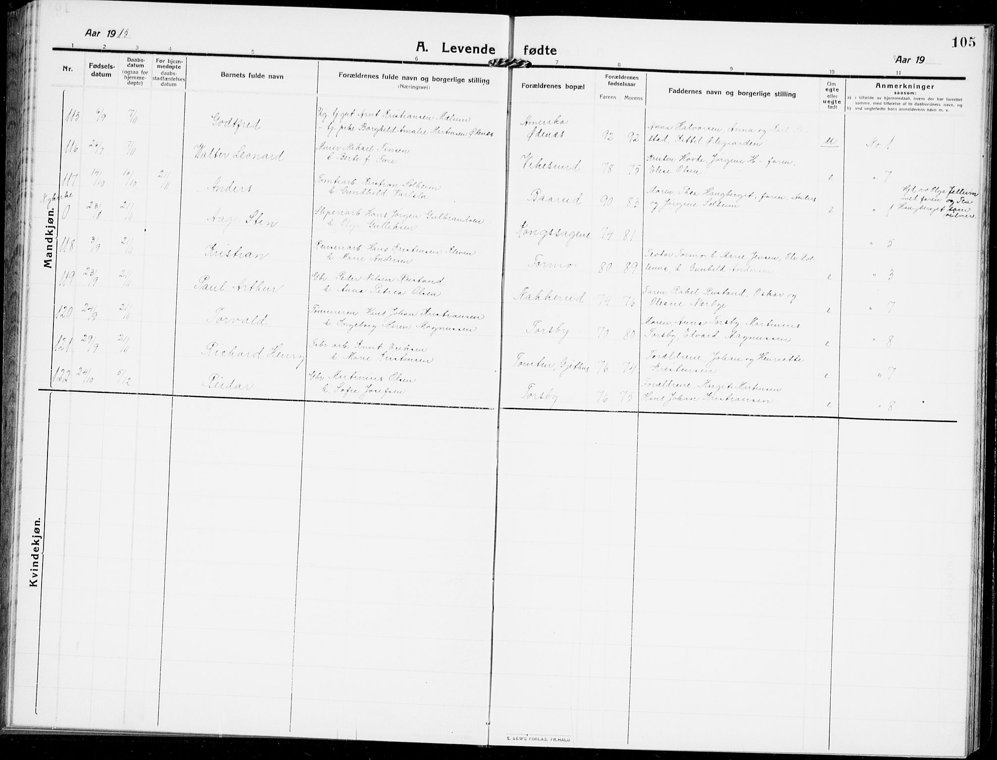 Modum kirkebøker, AV/SAKO-A-234/G/Ga/L0009: Parish register (copy) no. I 9, 1909-1923, p. 105