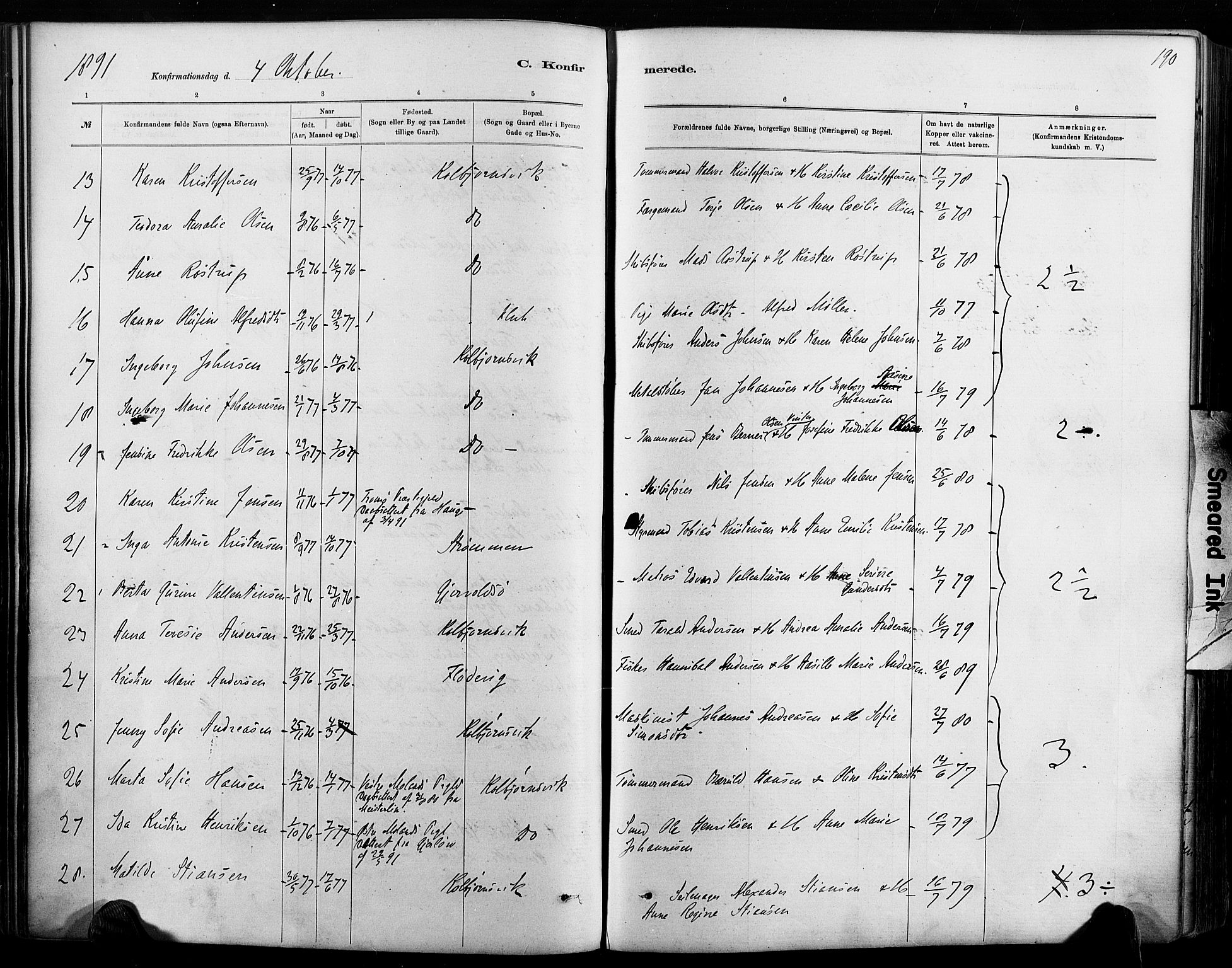 Hisøy sokneprestkontor, AV/SAK-1111-0020/F/Fa/L0003: Parish register (official) no. A 3, 1881-1894, p. 190