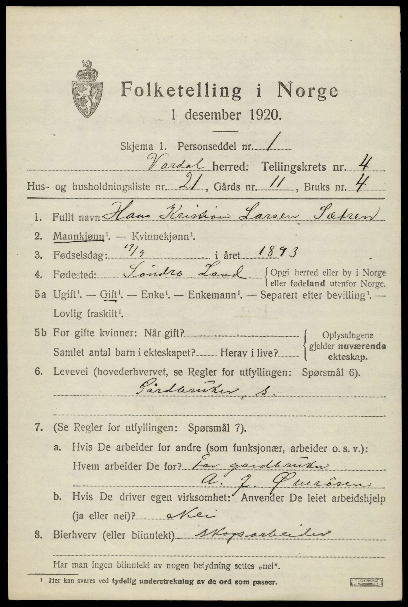 SAH, 1920 census for Vardal, 1920, p. 3059