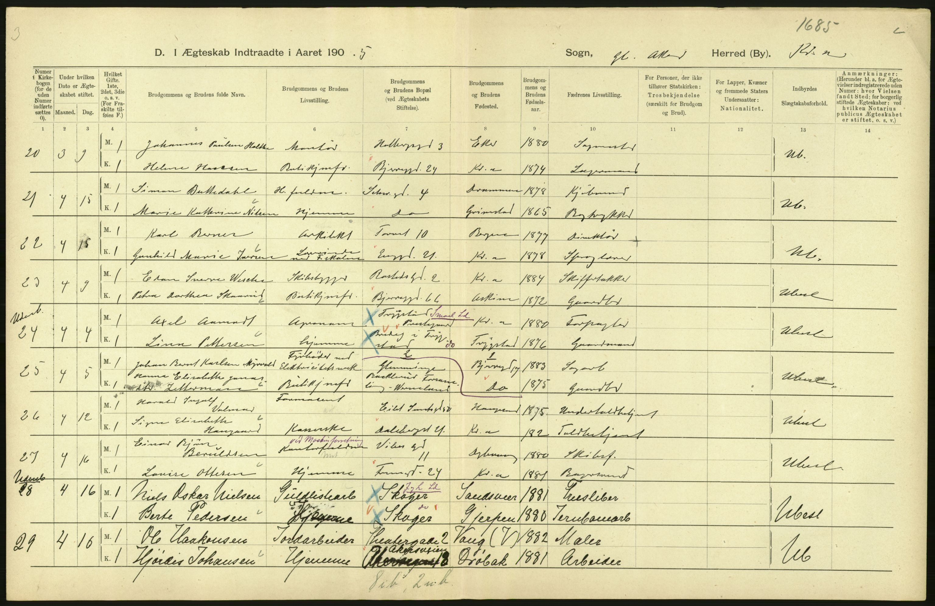 Statistisk sentralbyrå, Sosiodemografiske emner, Befolkning, AV/RA-S-2228/D/Df/Dfa/Dfac/L0007b: Kristiania: Gifte, 1905, p. 14