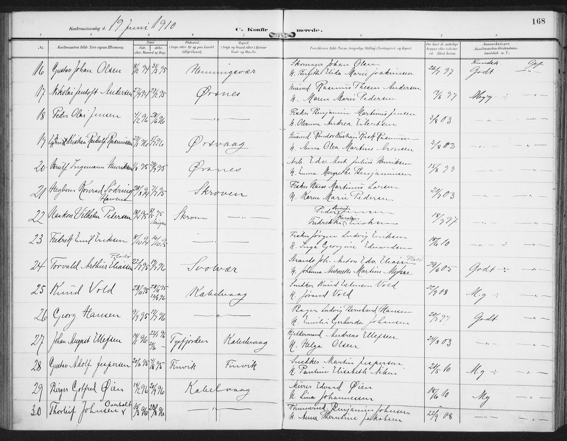 Ministerialprotokoller, klokkerbøker og fødselsregistre - Nordland, AV/SAT-A-1459/874/L1063: Parish register (official) no. 874A07, 1907-1915, p. 168