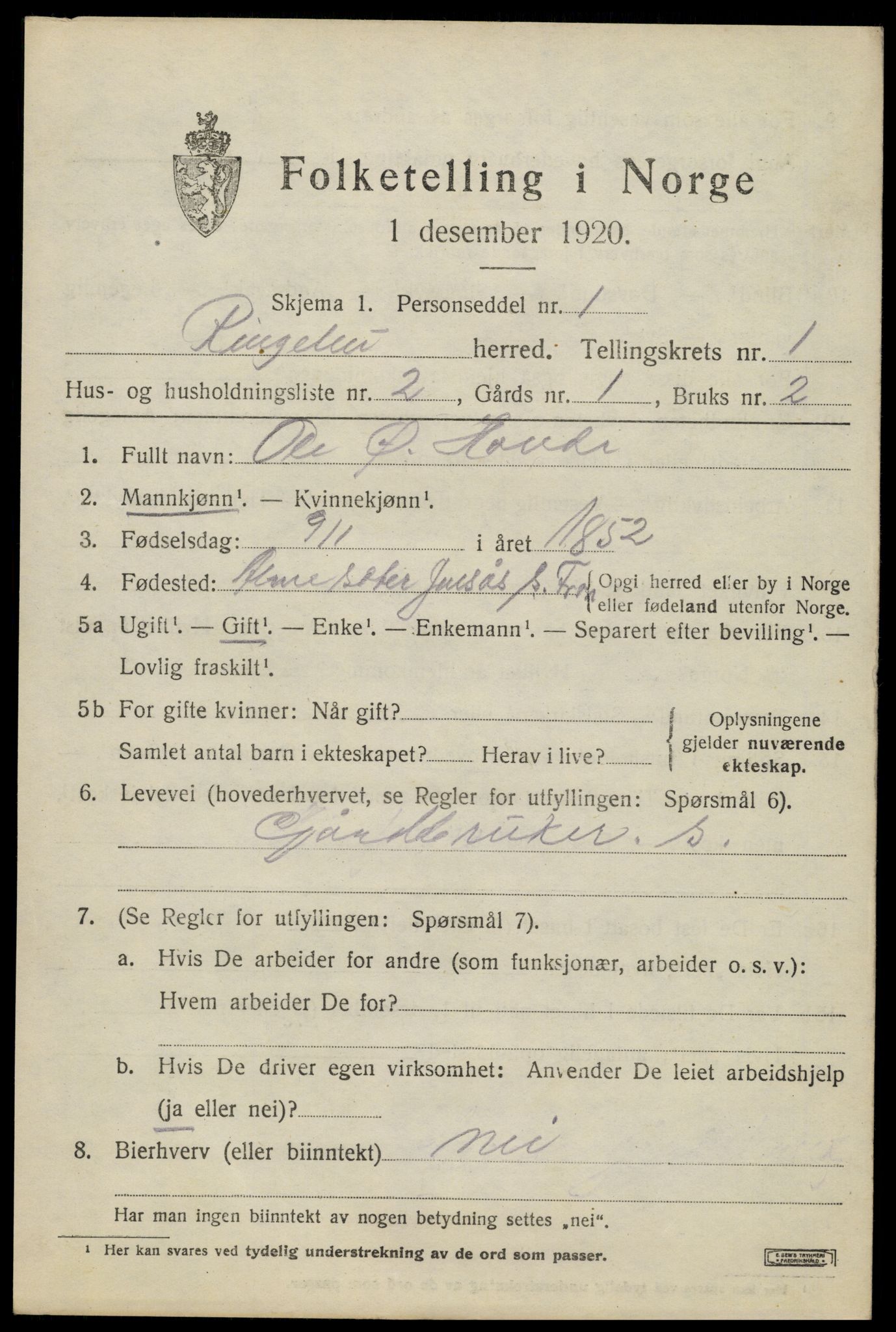 SAH, 1920 census for Ringebu, 1920, p. 1683