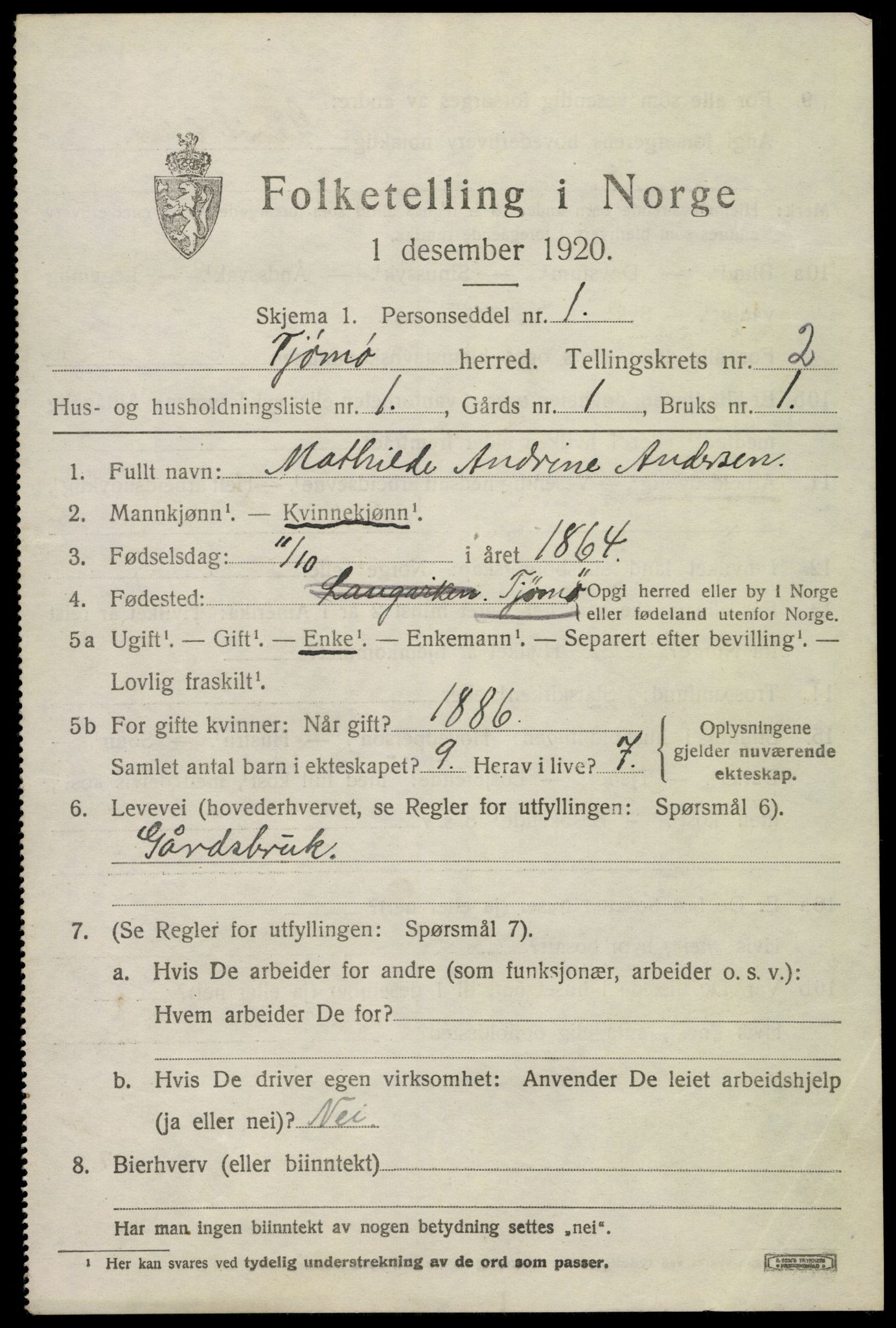 SAKO, 1920 census for Tjøme, 1920, p. 2891