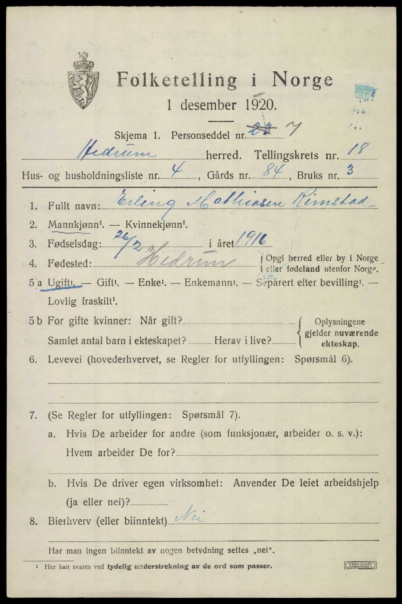 SAKO, 1920 census for Hedrum, 1920, p. 10841