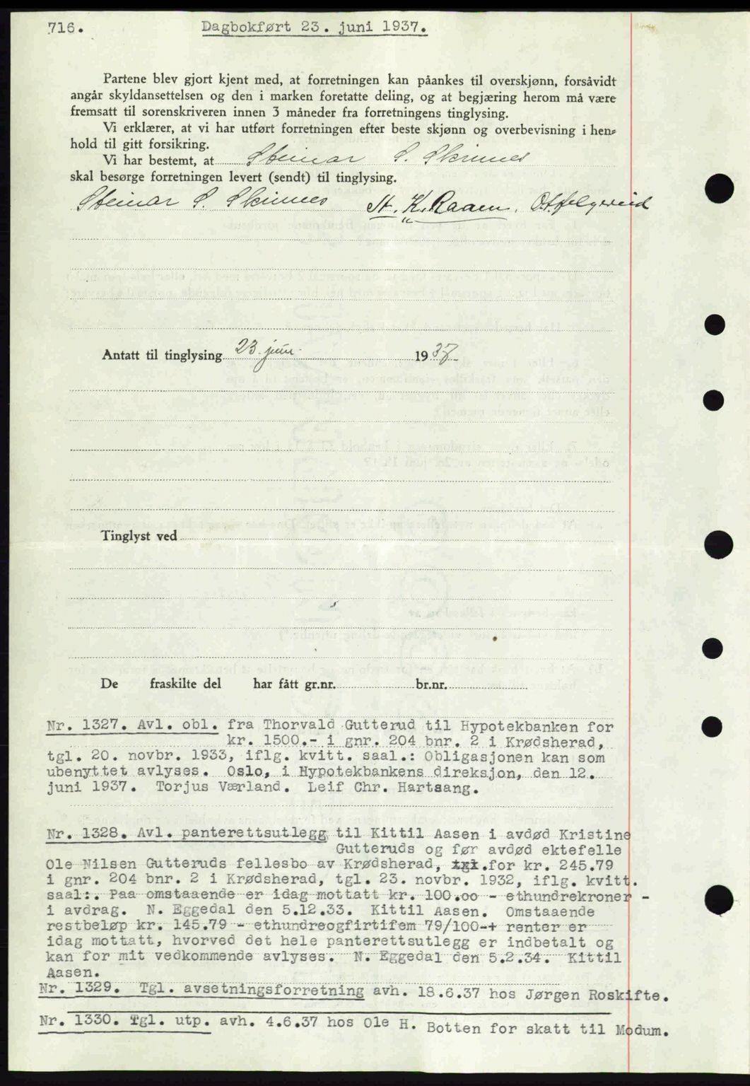 Eiker, Modum og Sigdal sorenskriveri, SAKO/A-123/G/Ga/Gab/L0035: Mortgage book no. A5, 1937-1937, Diary no: : 1327/1937