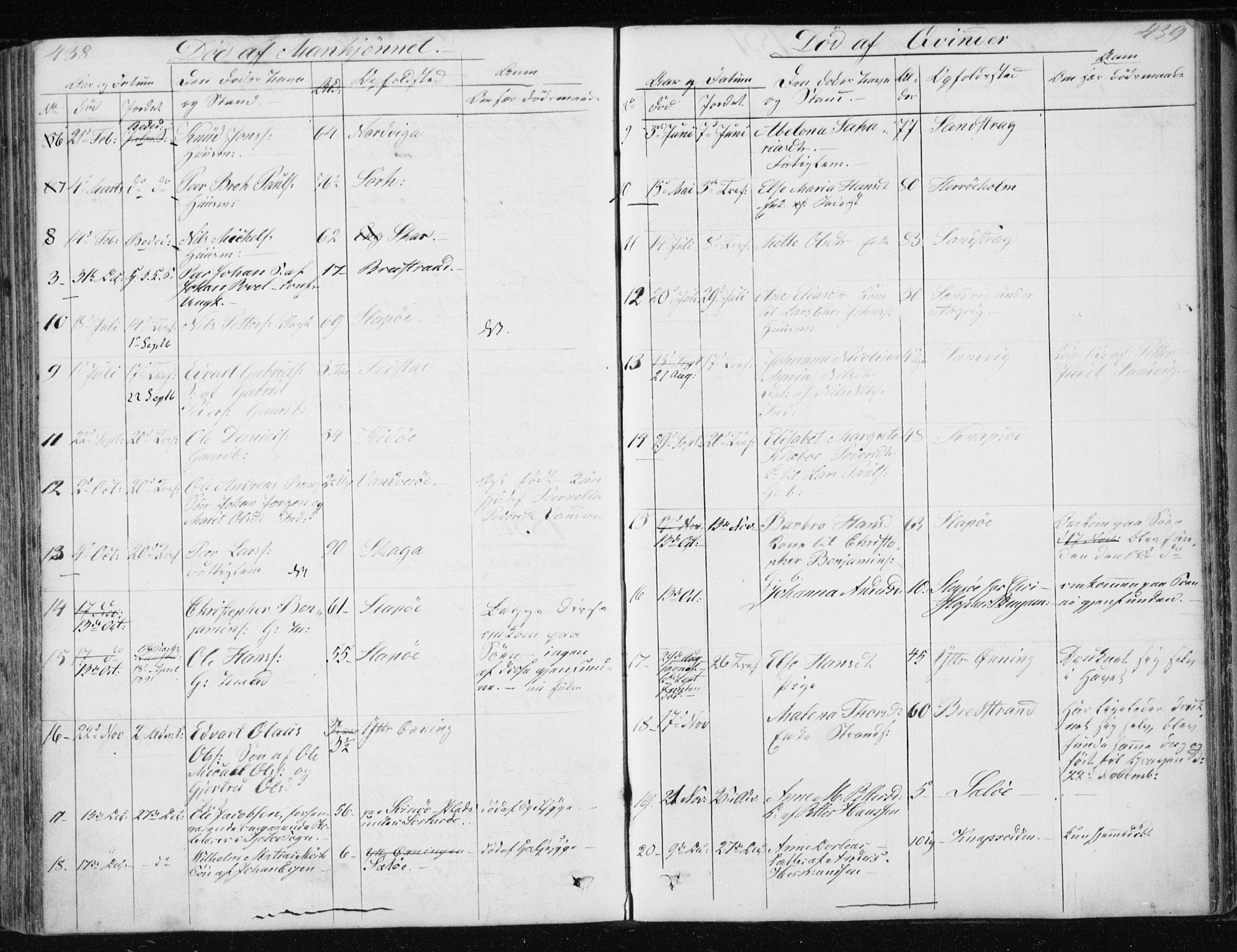 Ministerialprotokoller, klokkerbøker og fødselsregistre - Nordland, AV/SAT-A-1459/834/L0511: Parish register (copy) no. 834C02, 1848-1862, p. 438-439