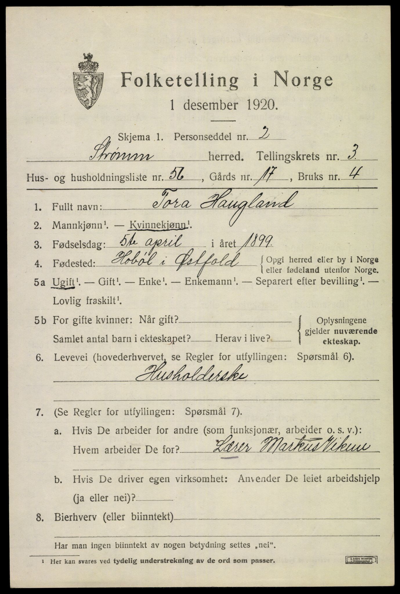 SAKO, 1920 census for Strømm, 1920, p. 2509