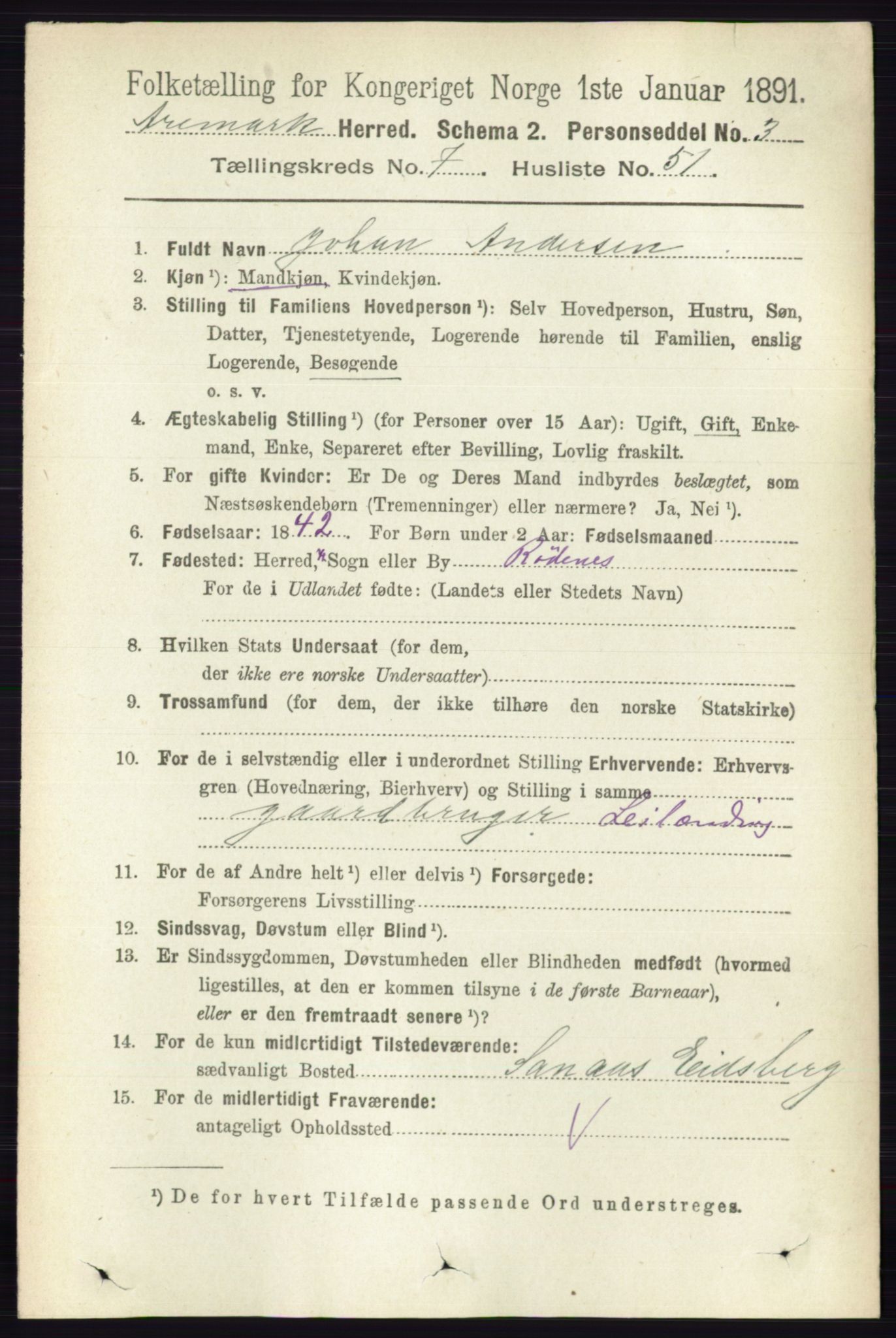 RA, 1891 census for 0118 Aremark, 1891, p. 4211