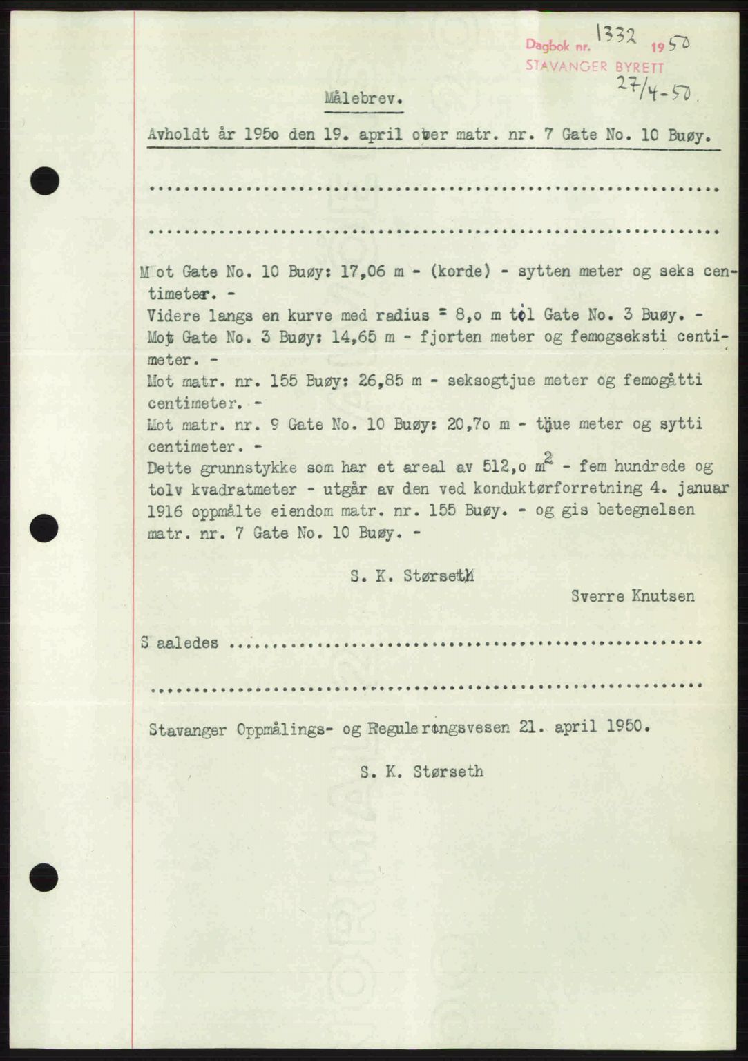 Stavanger byrett, AV/SAST-A-100455/002/G/Gb/L0024: Mortgage book no. A13, 1949-1950, Diary no: : 1332/1950