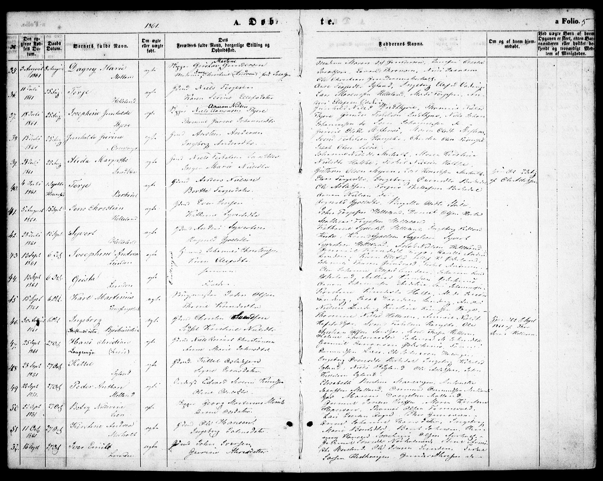 Hommedal sokneprestkontor, AV/SAK-1111-0023/F/Fa/Fab/L0005: Parish register (official) no. A 5, 1861-1877, p. 5