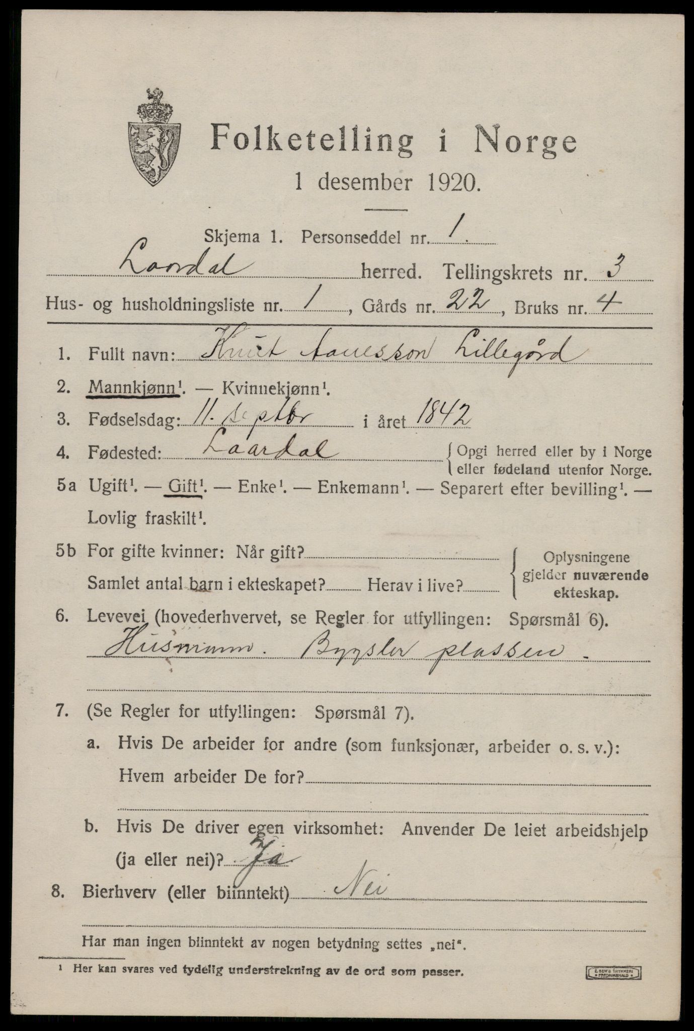 SAKO, 1920 census for Lårdal, 1920, p. 1643