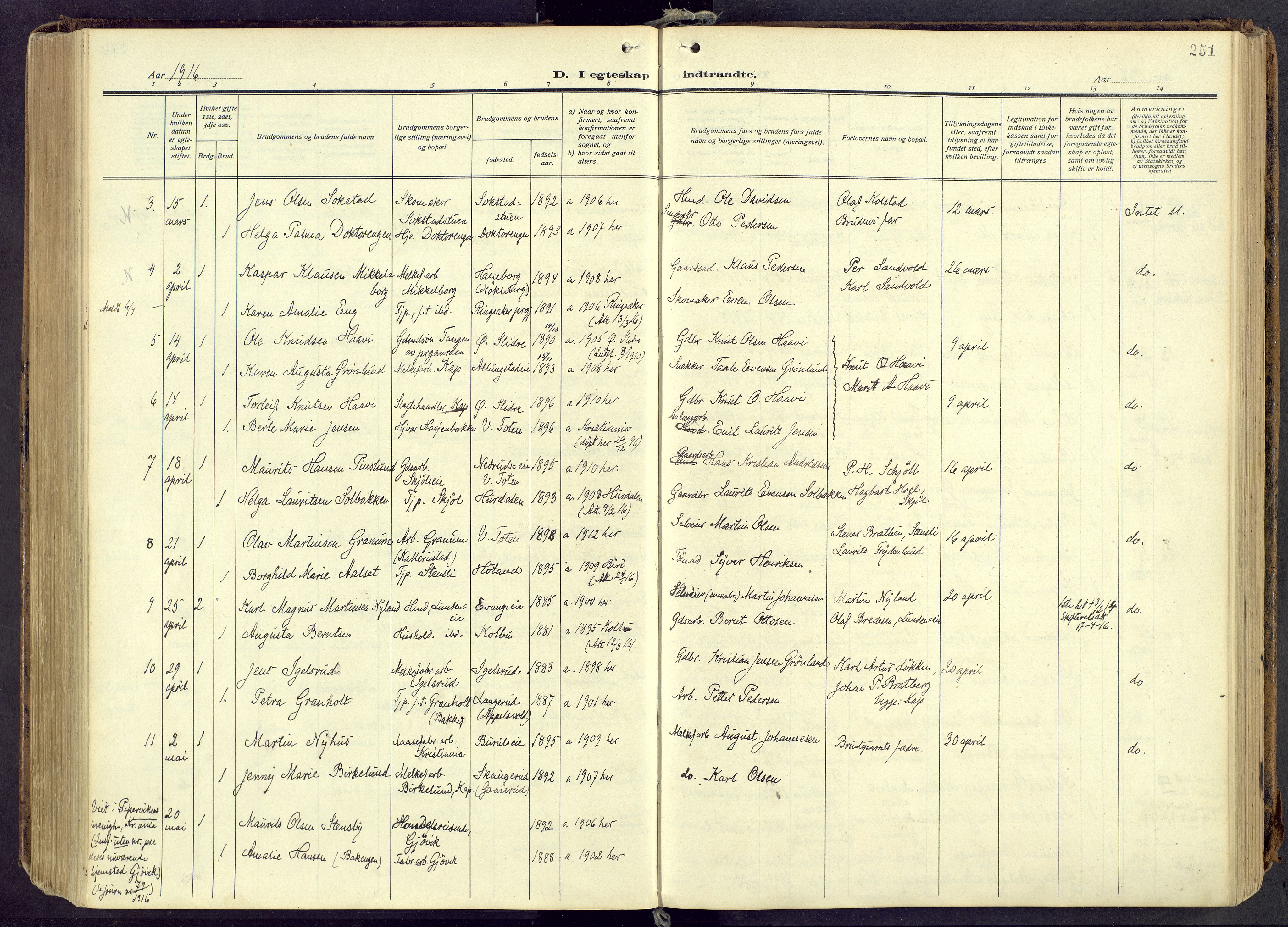 Østre Toten prestekontor, AV/SAH-PREST-104/H/Ha/Haa/L0010: Parish register (official) no. 10, 1910-1920, p. 251