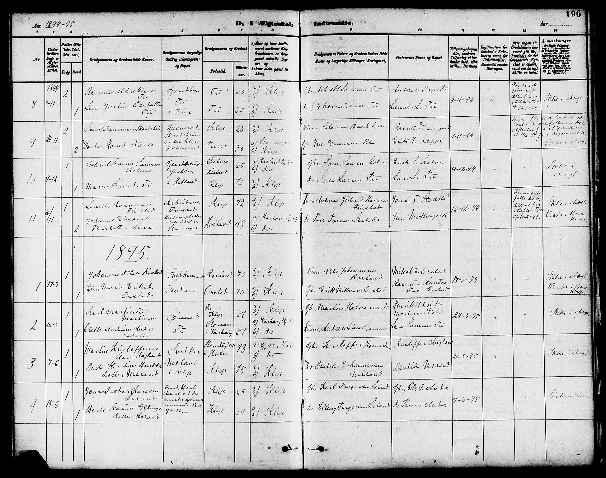 Klepp sokneprestkontor, SAST/A-101803/001/3/30BB/L0004: Parish register (copy) no. B 4, 1889-1914, p. 196