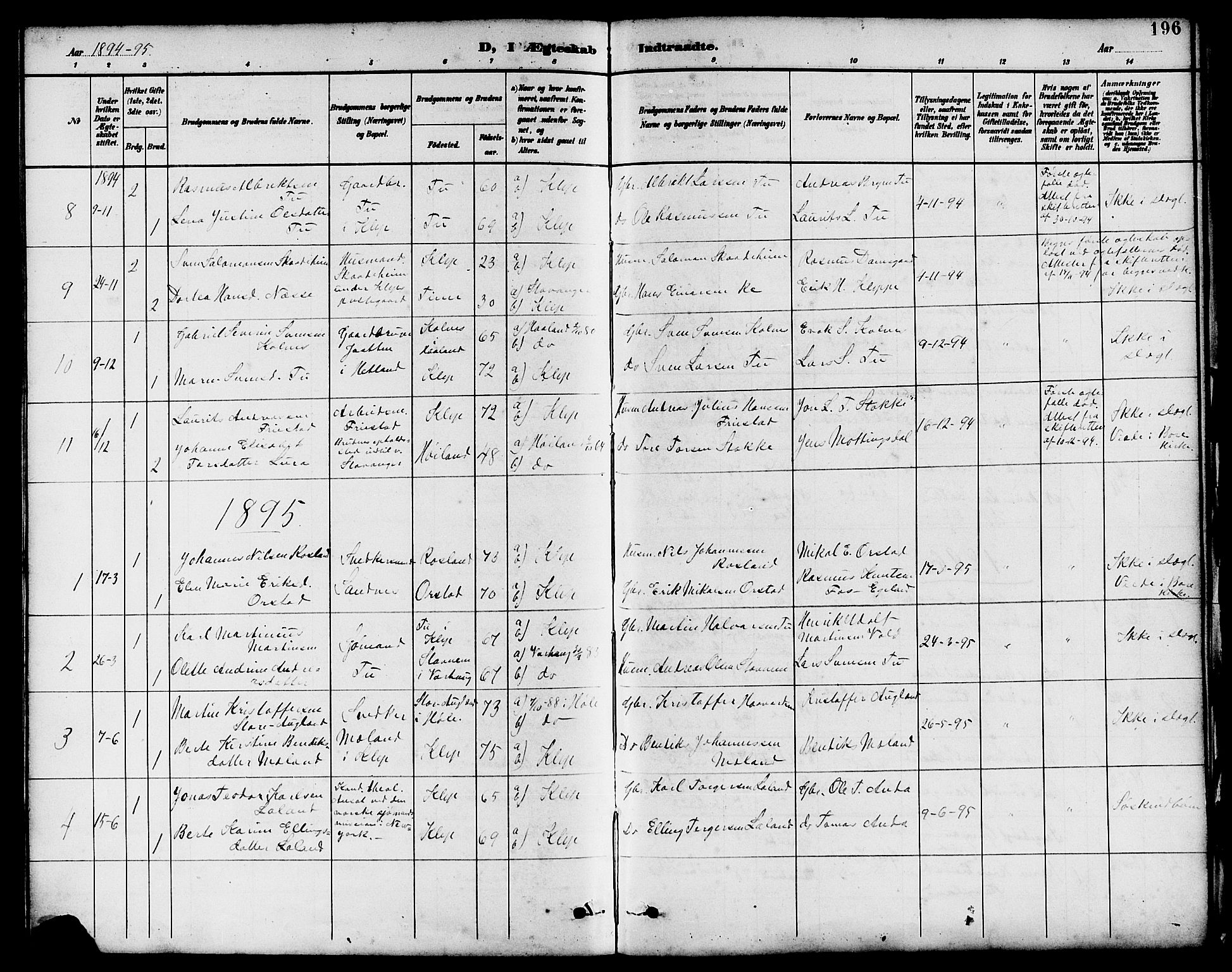 Klepp sokneprestkontor, AV/SAST-A-101803/001/30/300BB/L0004: Parish register (copy) no. B 4, 1889-1914, p. 196