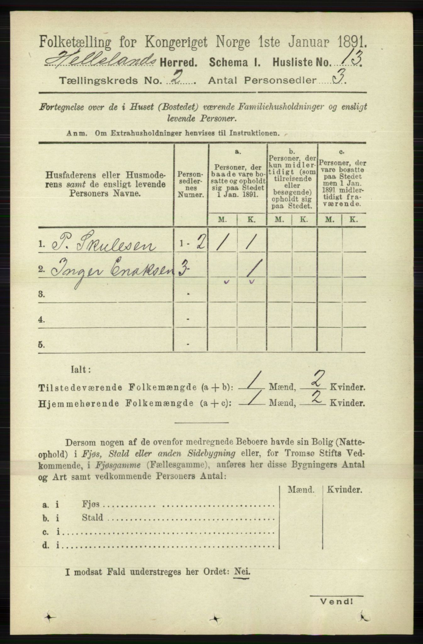 RA, 1891 census for 1115 Helleland, 1891, p. 384