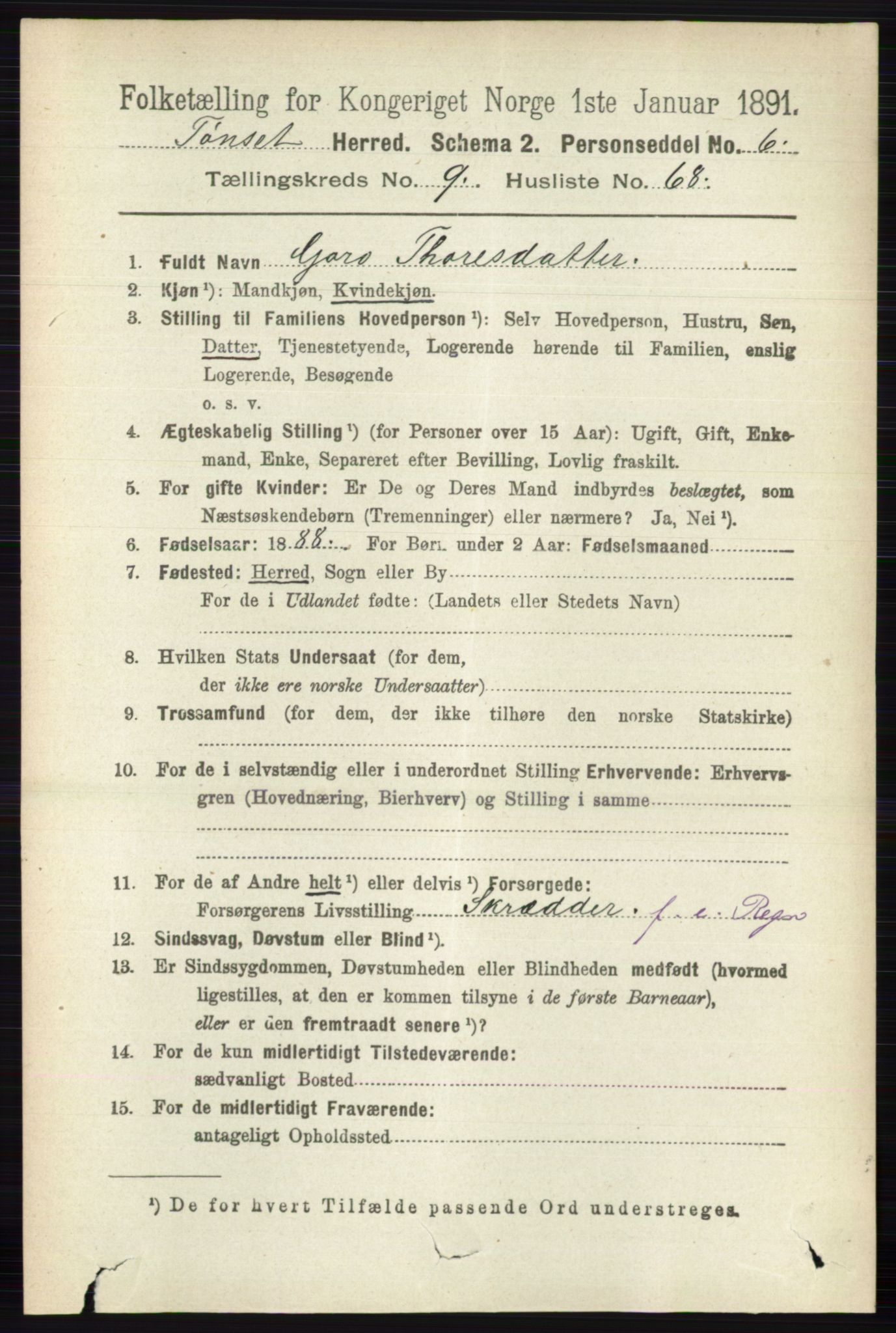 RA, 1891 census for 0437 Tynset, 1891, p. 2806