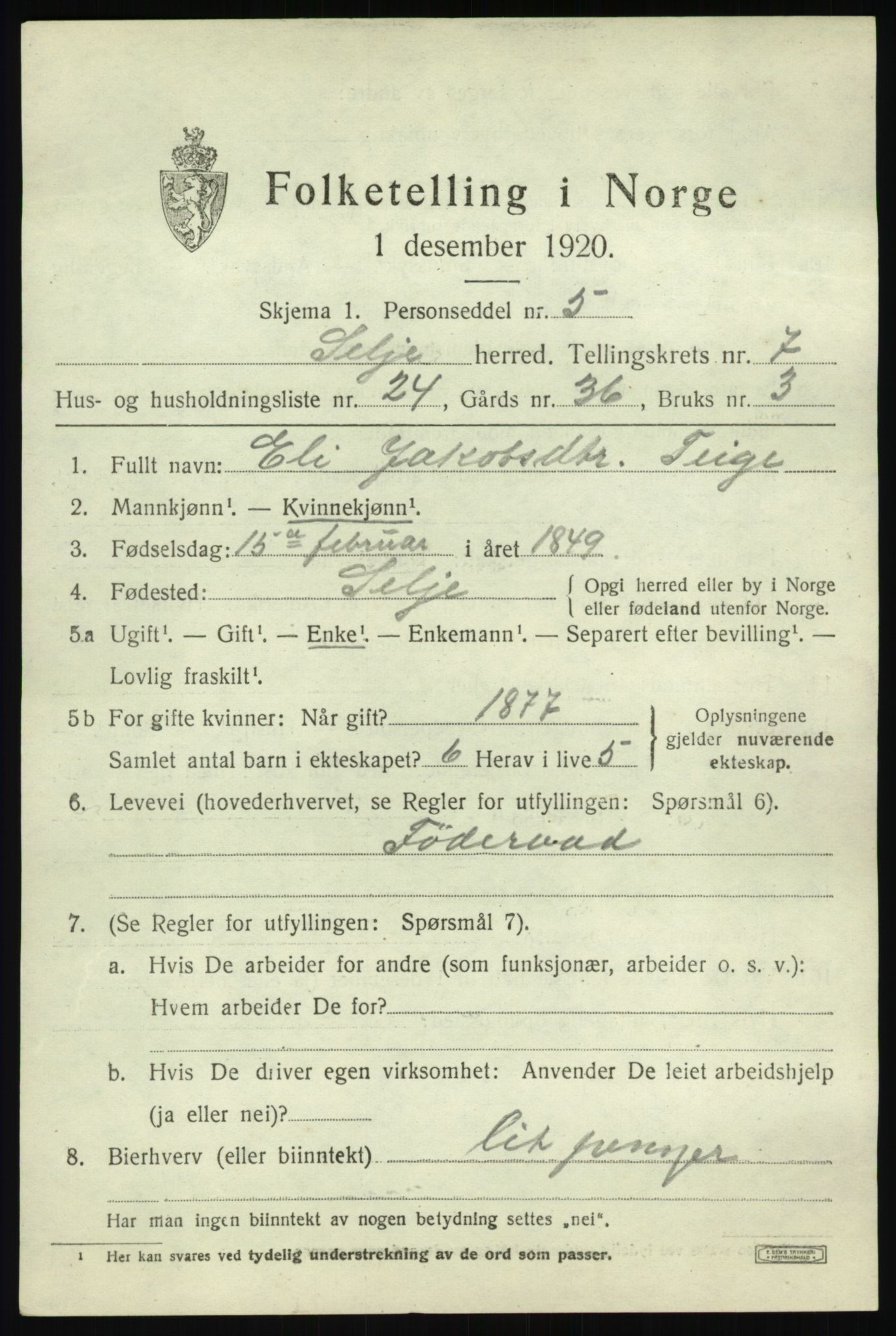 SAB, 1920 census for Selje, 1920, p. 3941