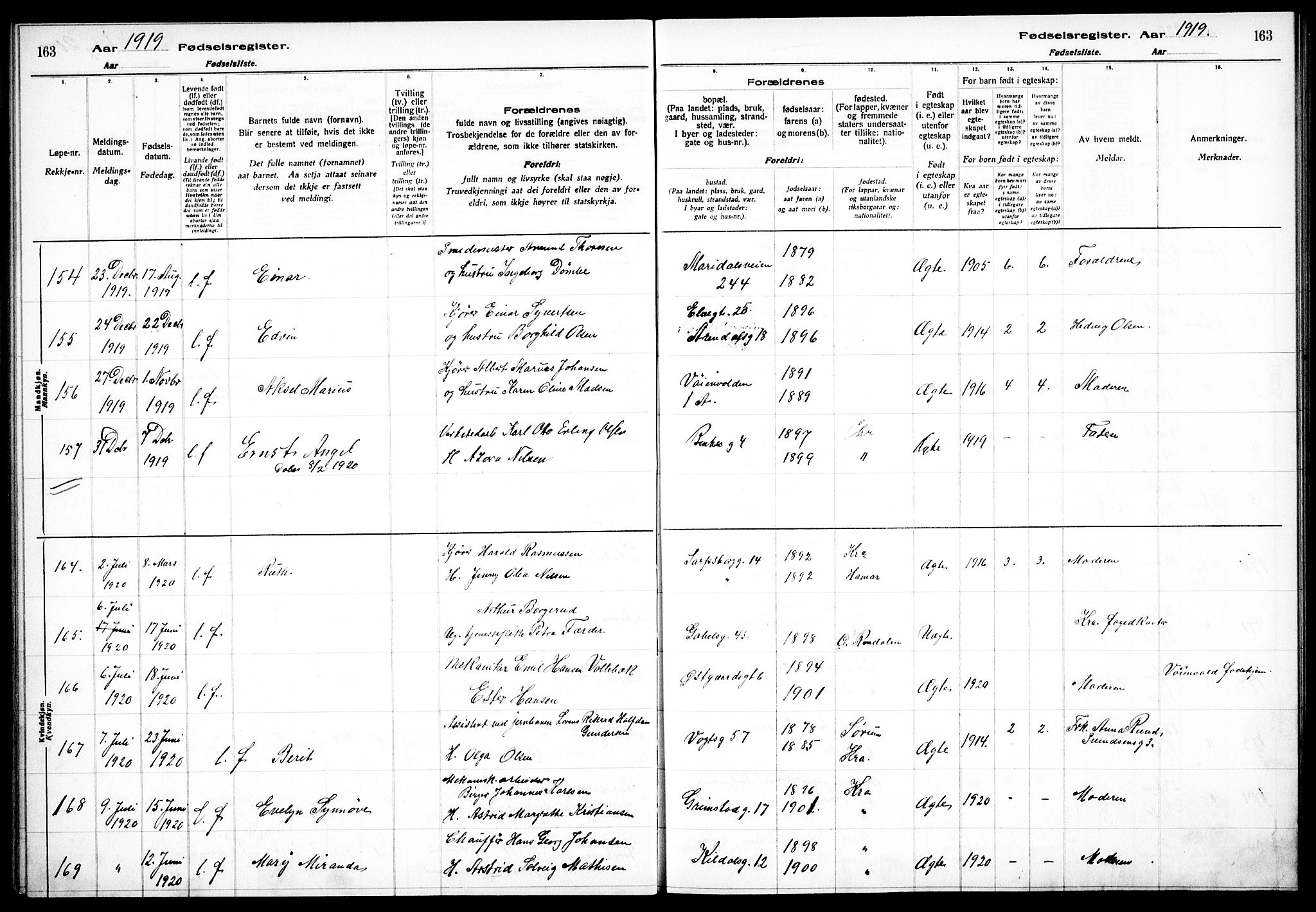 Sagene prestekontor Kirkebøker, AV/SAO-A-10796/J/L0001: Birth register no. 1, 1916-1920, p. 163