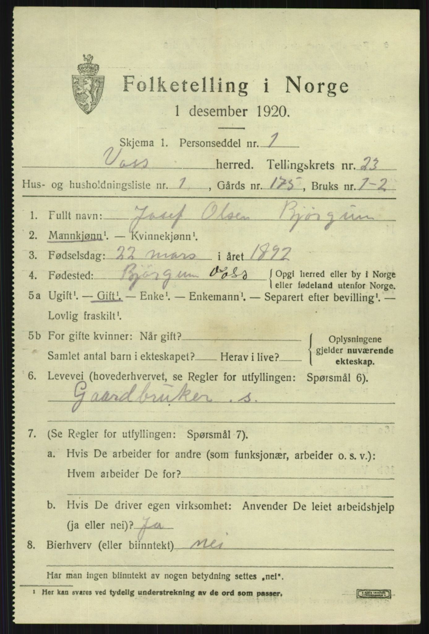 SAB, 1920 census for Voss, 1920, p. 15629