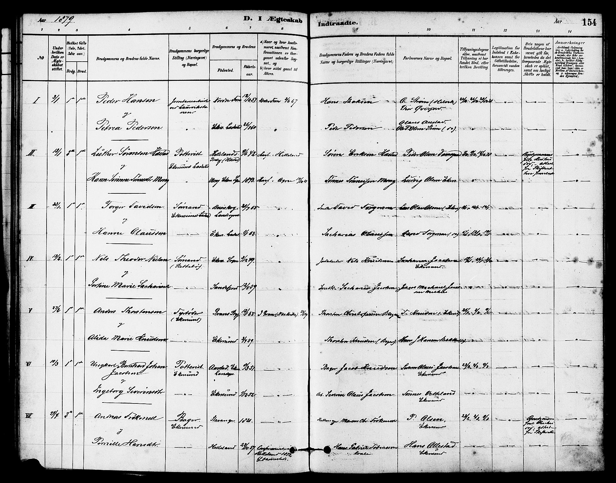 Eigersund sokneprestkontor, SAST/A-101807/S08/L0015: Parish register (official) no. A 15, 1879-1892, p. 154