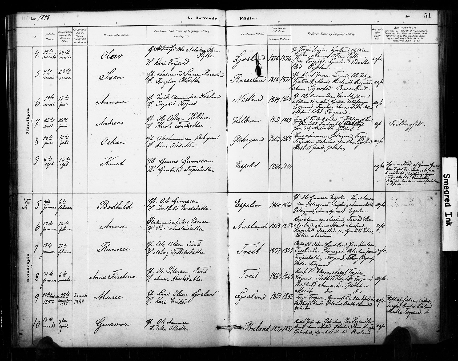 Åseral sokneprestkontor, AV/SAK-1111-0051/F/Fa/L0003: Parish register (official) no. A 3, 1884-1901, p. 51