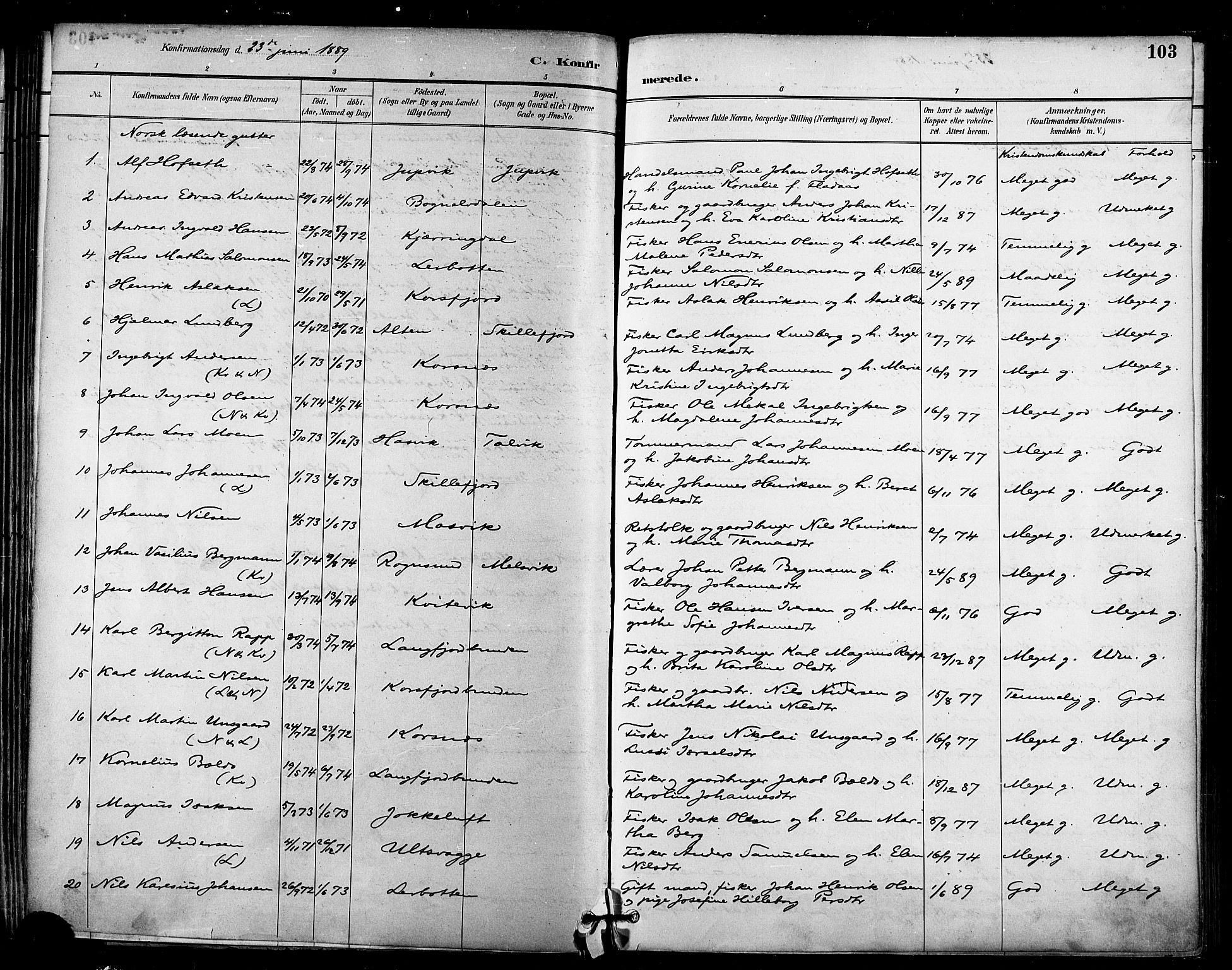 Talvik sokneprestkontor, SATØ/S-1337/H/Ha/L0013kirke: Parish register (official) no. 13, 1886-1897, p. 103