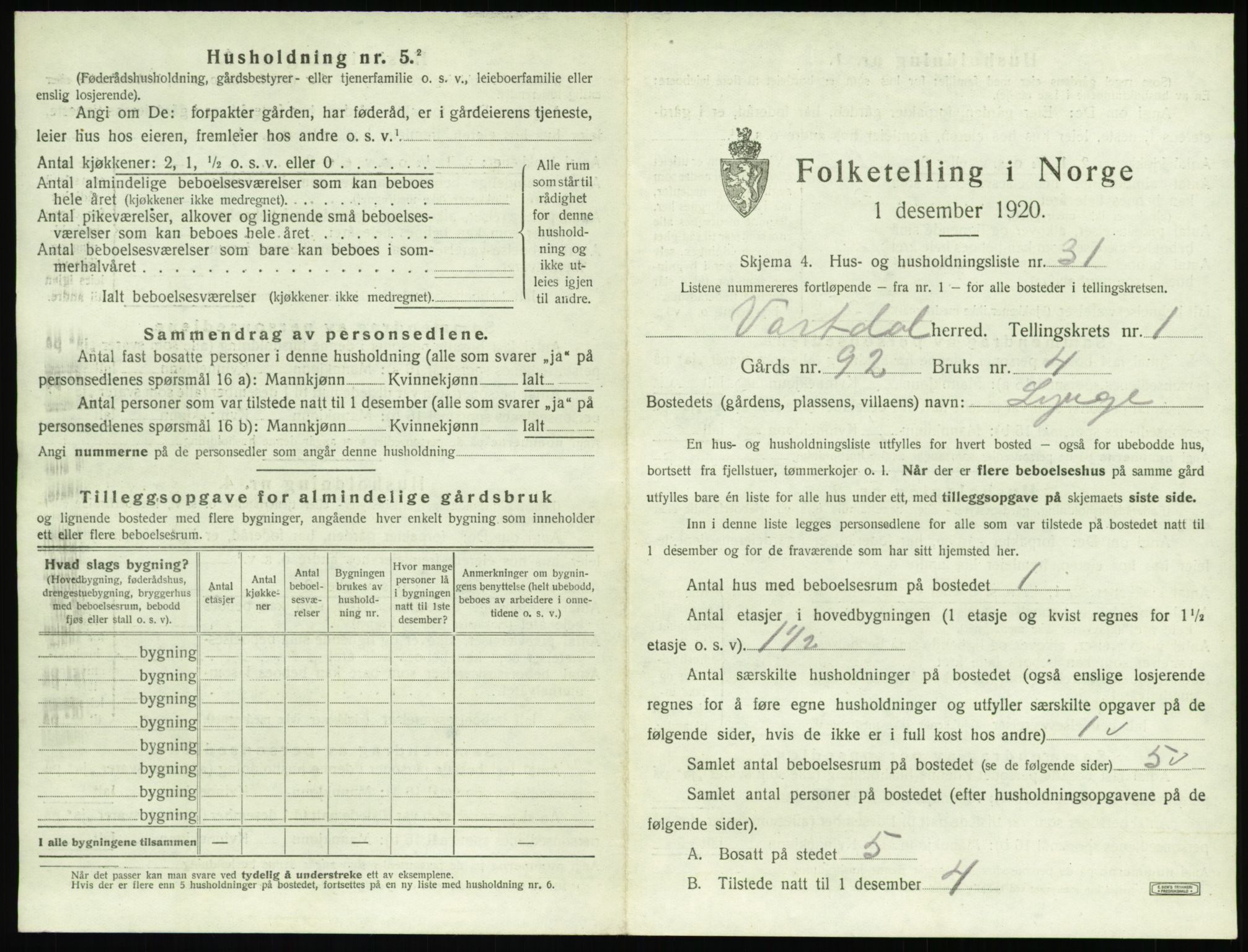 SAT, 1920 census for Vartdal, 1920, p. 85