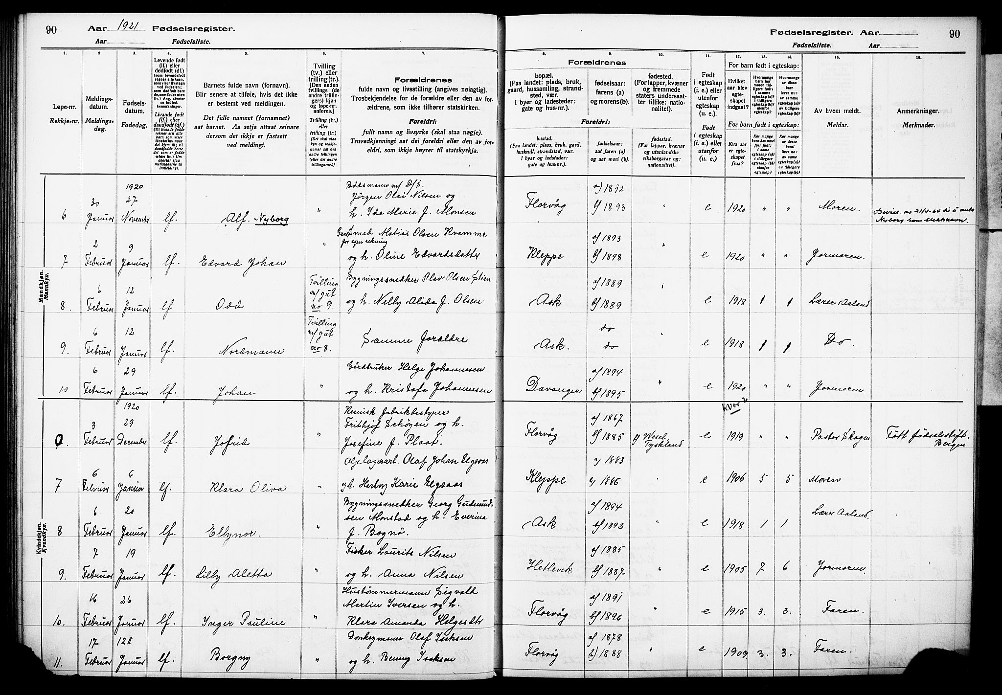 Askøy Sokneprestembete, AV/SAB-A-74101/I/Id/L00A1: Birth register no. A 1, 1916-1928, p. 90