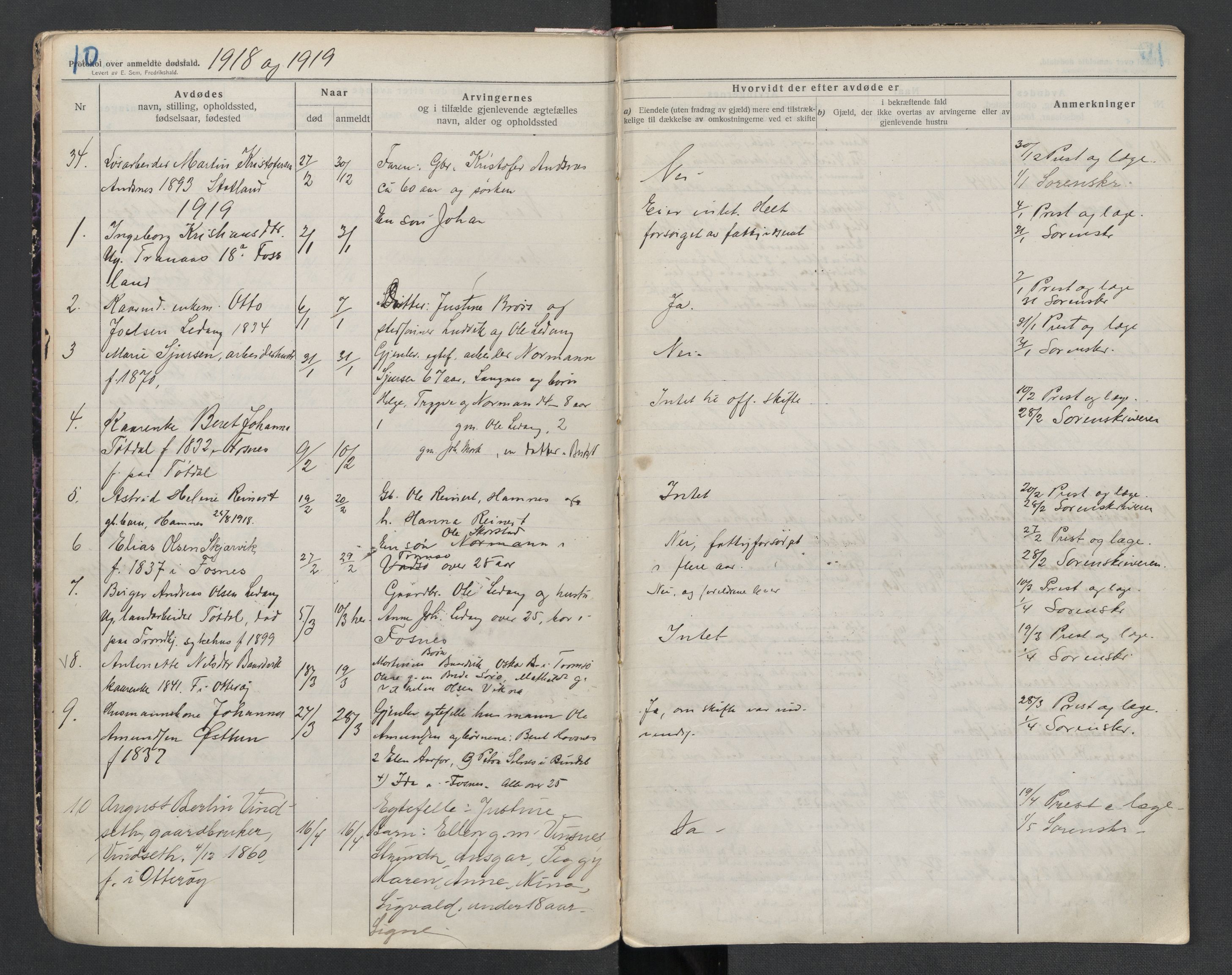 Fosnes lensmannskontor , SAT/A-1022/1/02/L0003: 2.01.03 Døsfallsjournal, 1916-1930, p. 10