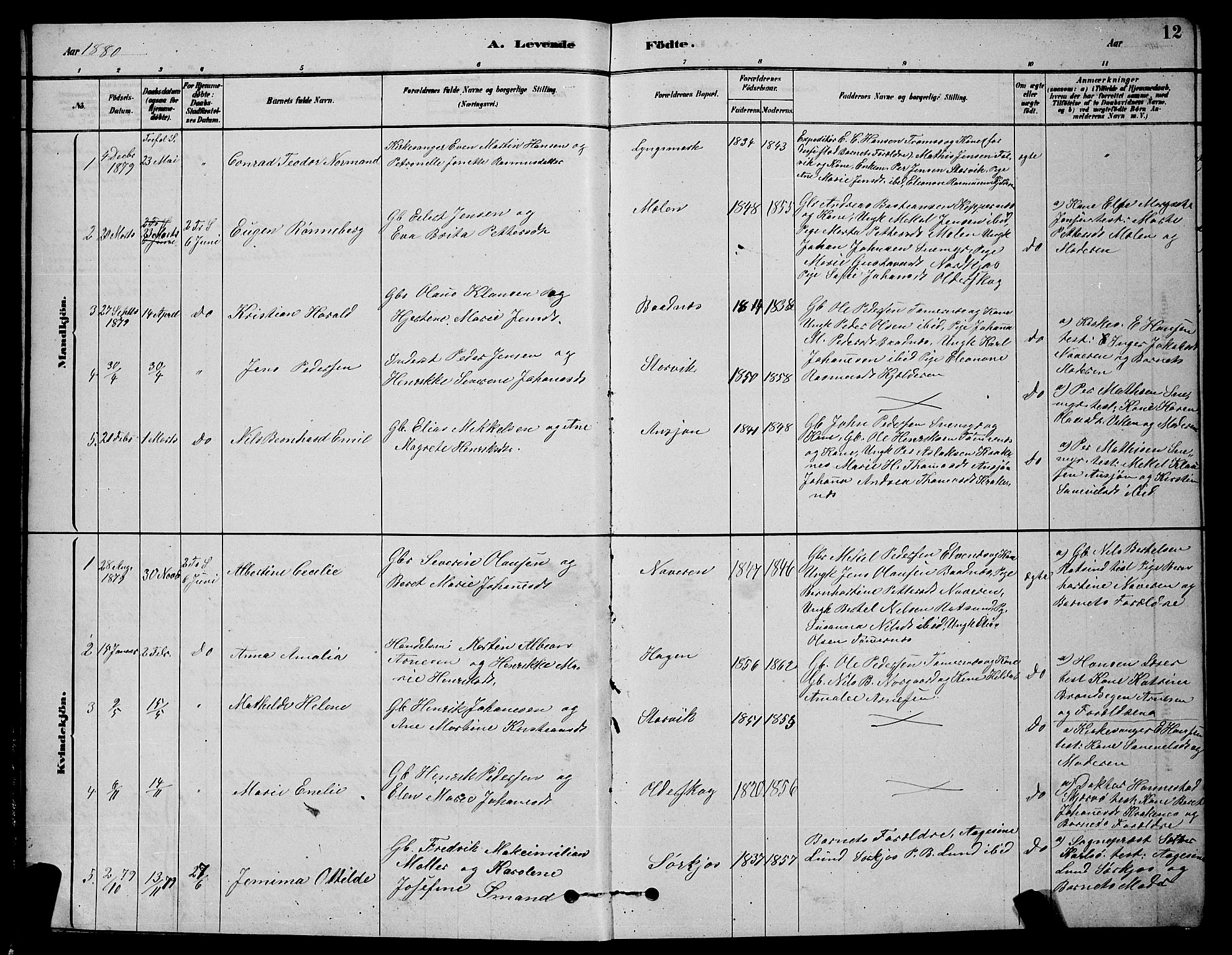 Skjervøy sokneprestkontor, AV/SATØ-S-1300/H/Ha/Hab/L0020klokker: Parish register (copy) no. 20, 1878-1892, p. 12