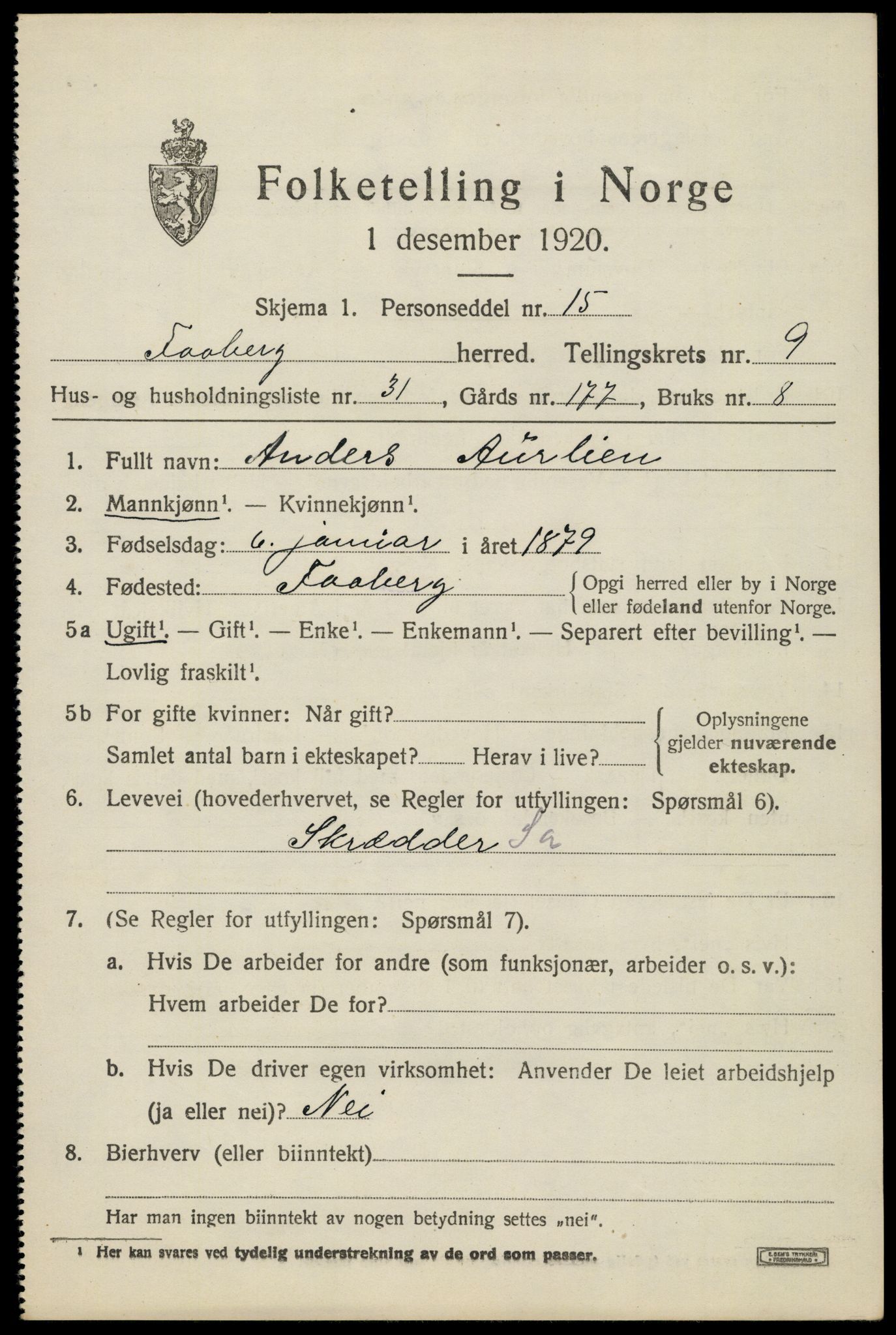 SAH, 1920 census for Fåberg, 1920, p. 10452