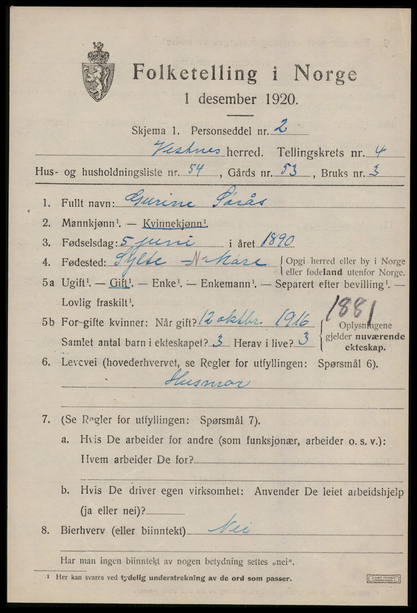 SAT, 1920 census for Vestnes, 1920, p. 3897