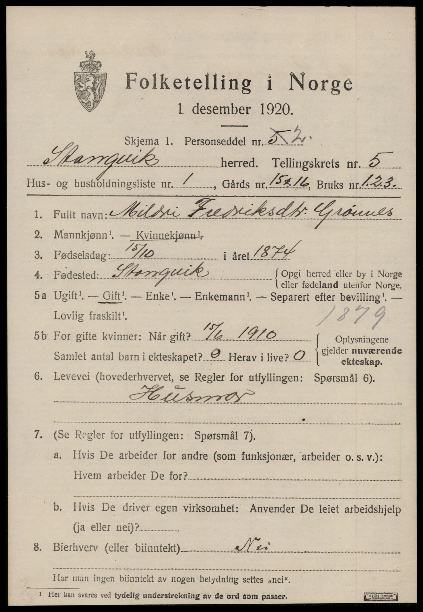 SAT, 1920 census for Stangvik, 1920, p. 3290