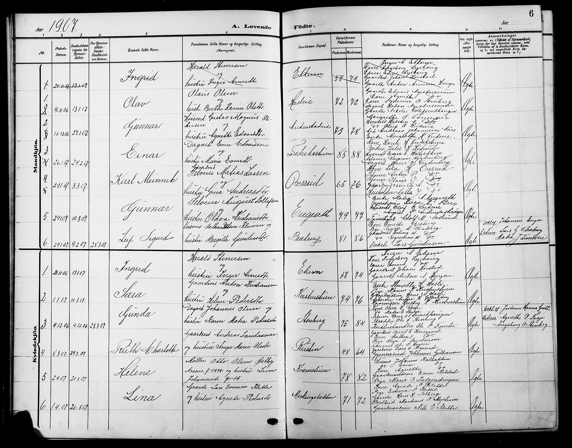 Biri prestekontor, SAH/PREST-096/H/Ha/Hab/L0005: Parish register (copy) no. 5, 1906-1919, p. 6