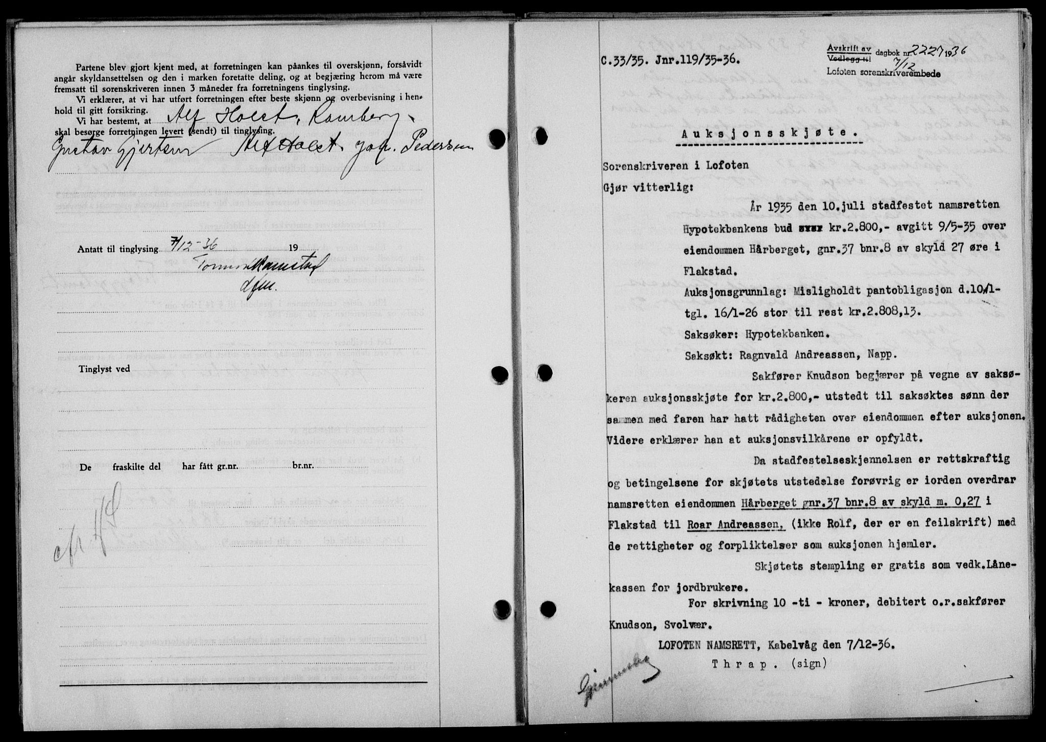 Lofoten sorenskriveri, SAT/A-0017/1/2/2C/L0001a: Mortgage book no. 1a, 1936-1937, Diary no: : 2227/1936