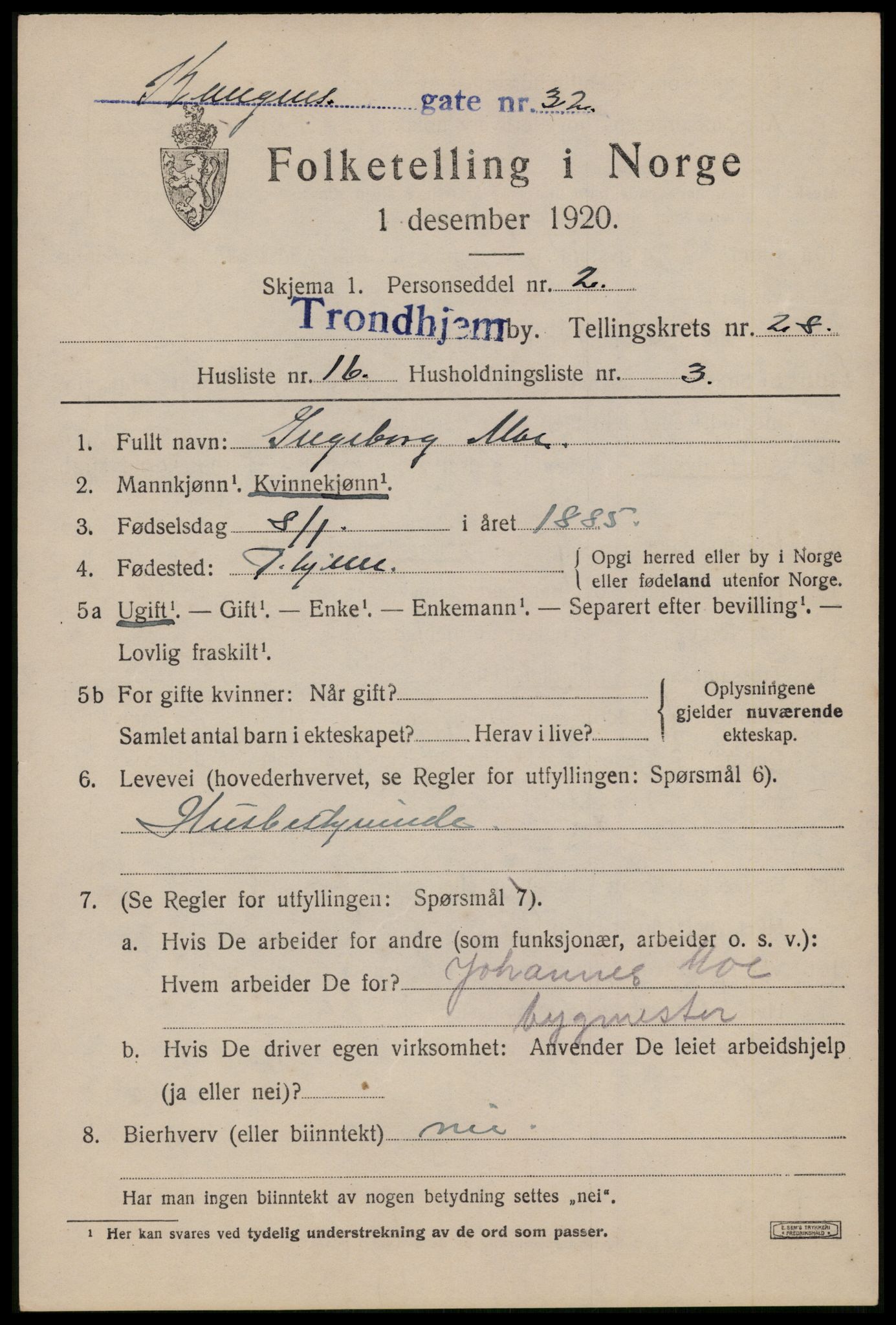 SAT, 1920 census for Trondheim, 1920, p. 71392