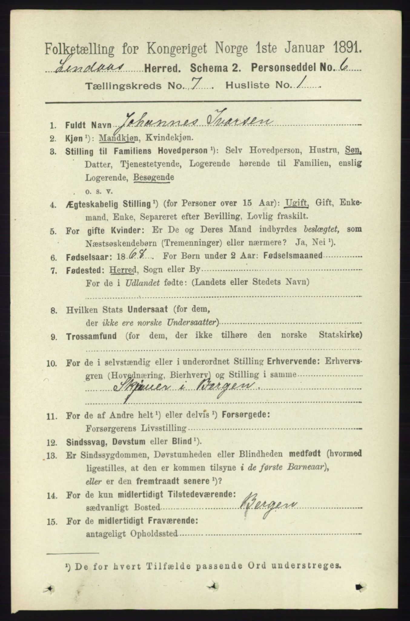 RA, 1891 census for 1263 Lindås, 1891, p. 2082