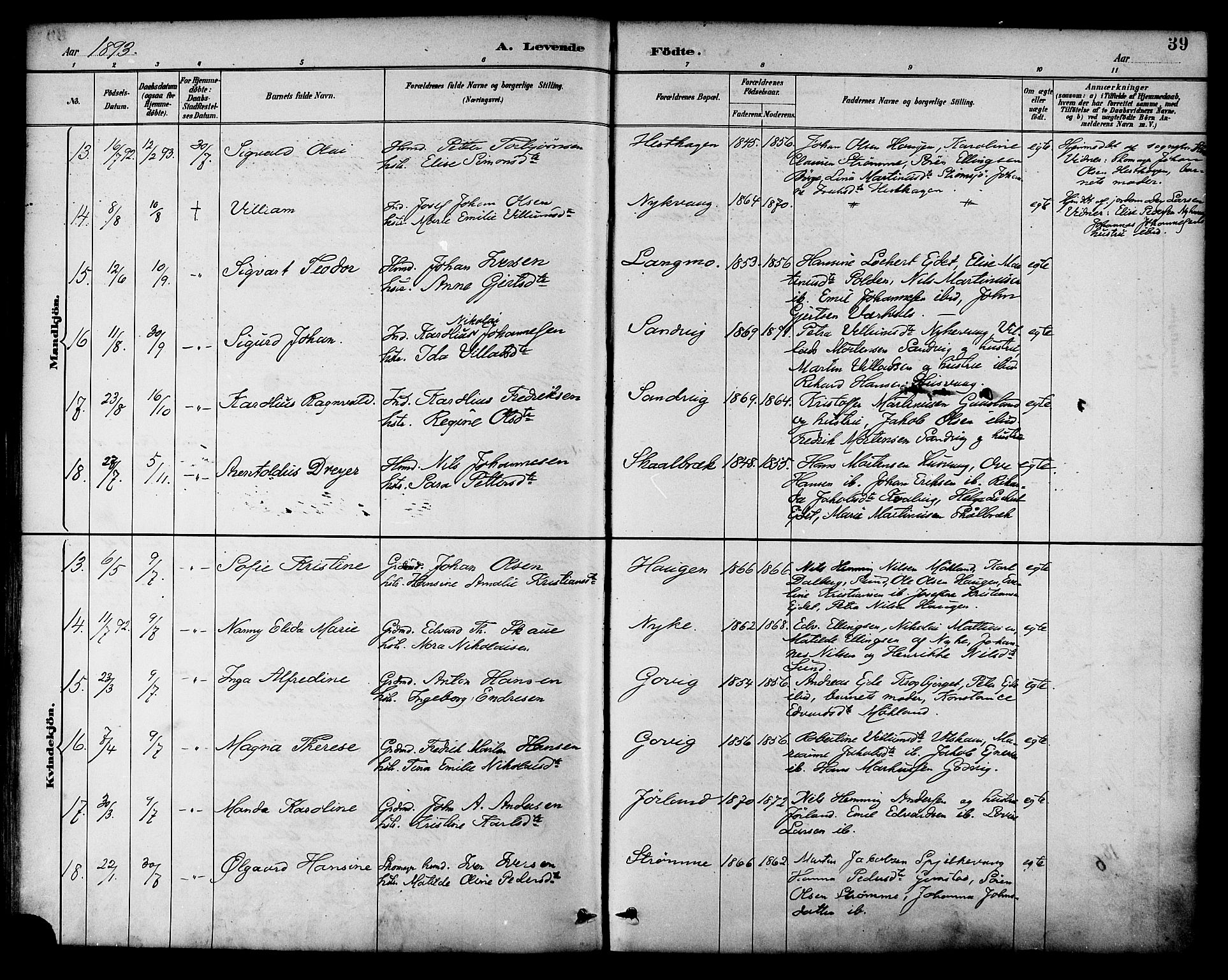 Ministerialprotokoller, klokkerbøker og fødselsregistre - Nordland, AV/SAT-A-1459/892/L1320: Parish register (official) no. 892A01, 1886-1901, p. 39