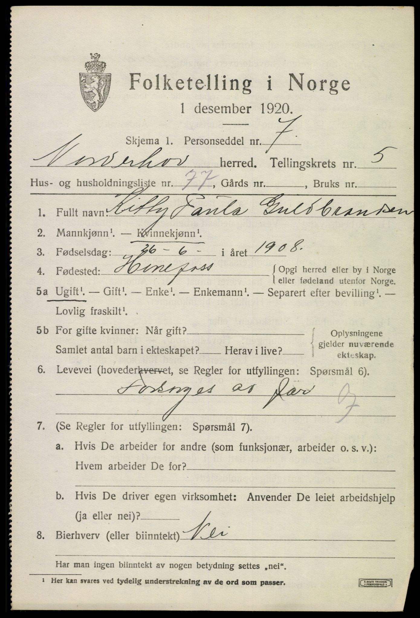 SAKO, 1920 census for Norderhov, 1920, p. 8651