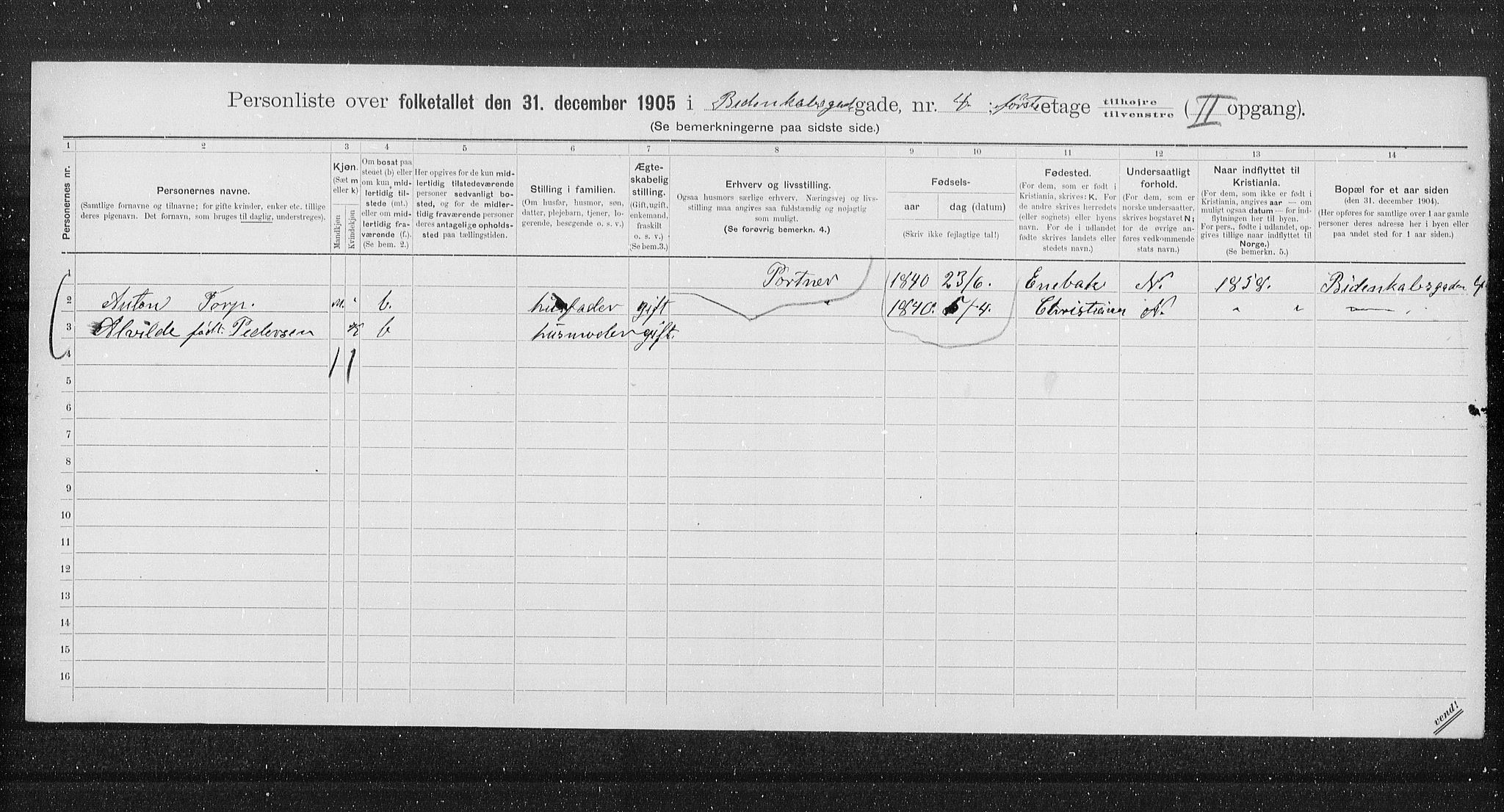 OBA, Municipal Census 1905 for Kristiania, 1905, p. 2312