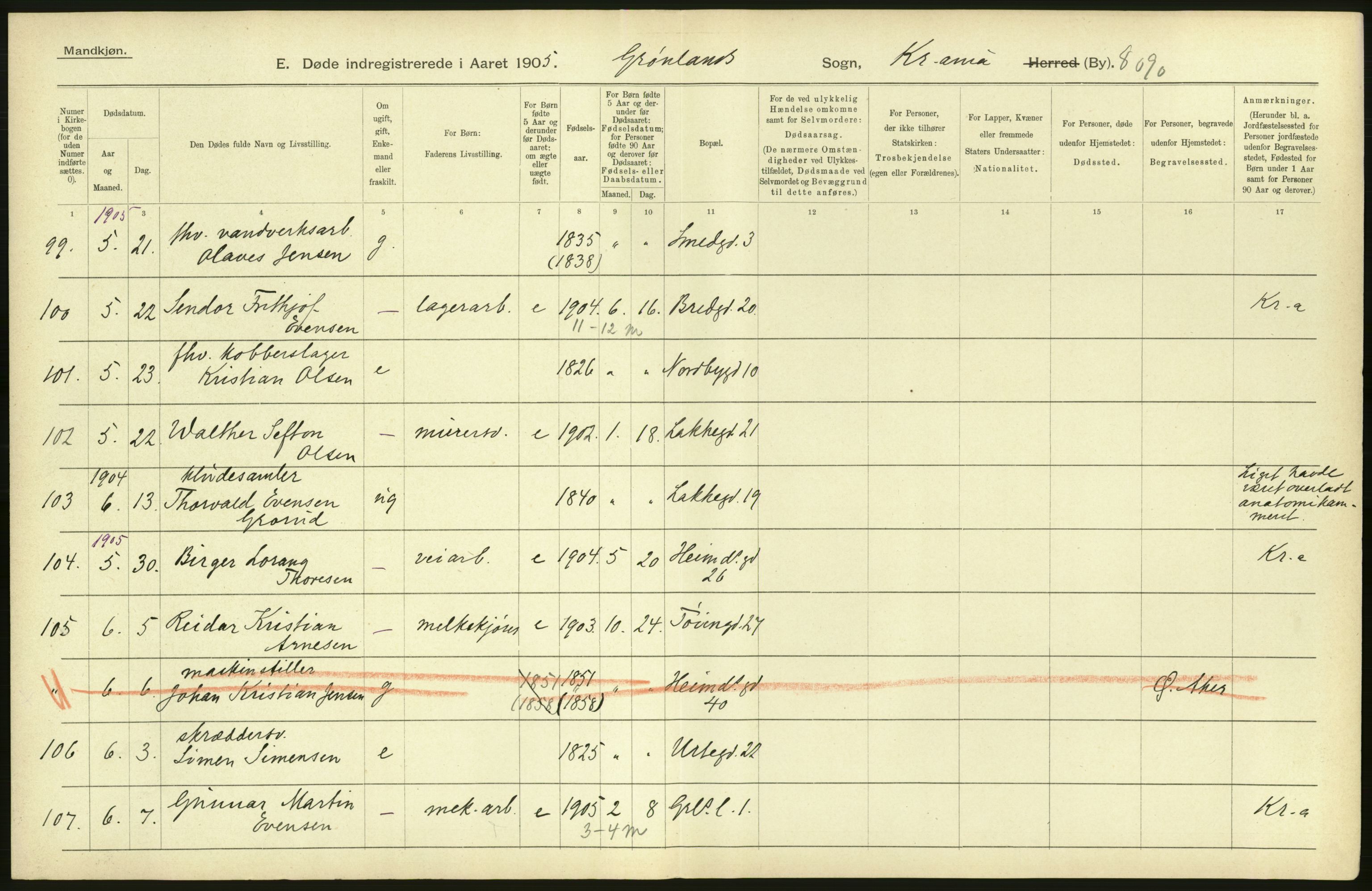 Statistisk sentralbyrå, Sosiodemografiske emner, Befolkning, AV/RA-S-2228/D/Df/Dfa/Dfac/L0007a: Kristiania: Døde, dødfødte., 1905, p. 794