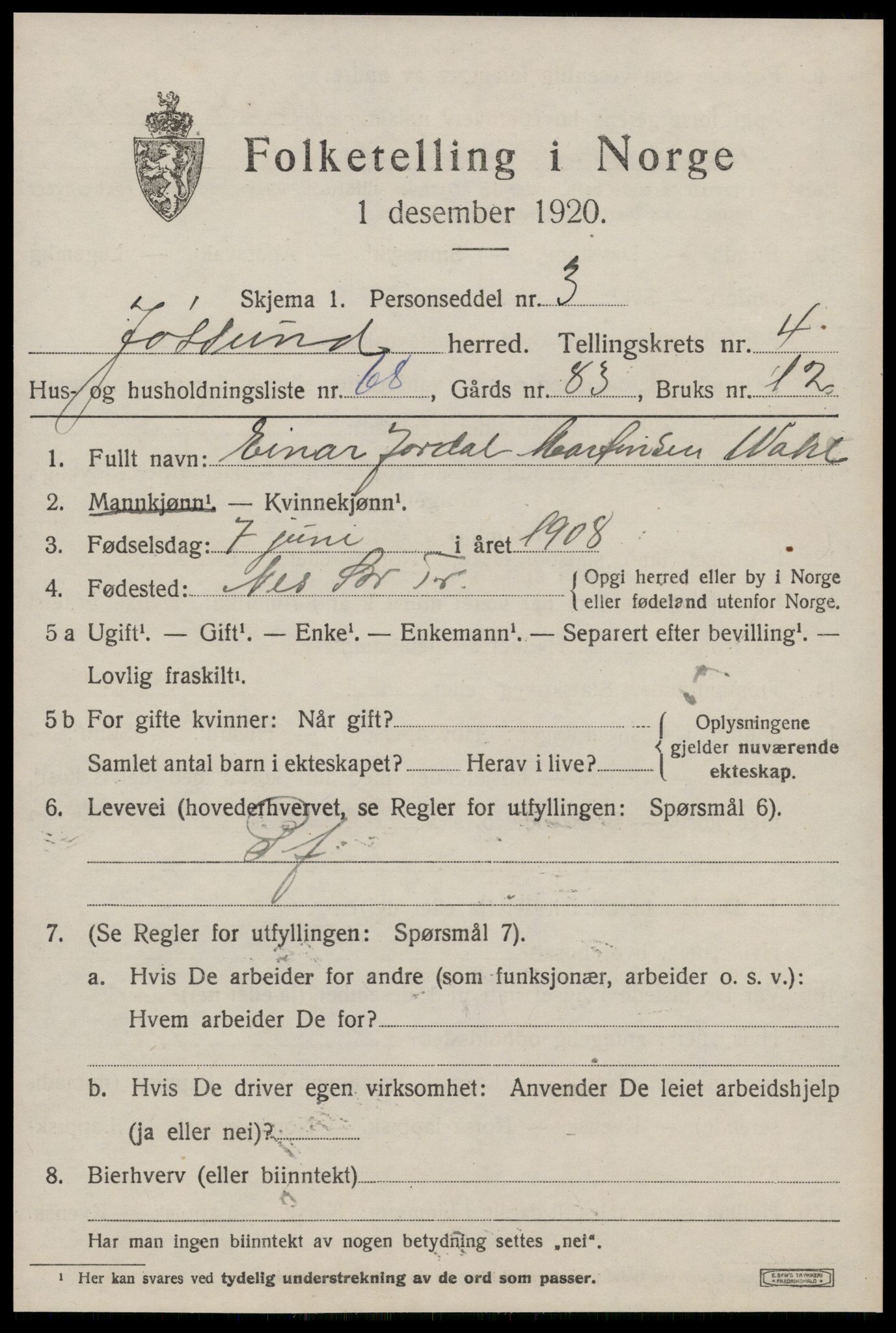 SAT, 1920 census for Jøssund, 1920, p. 3932