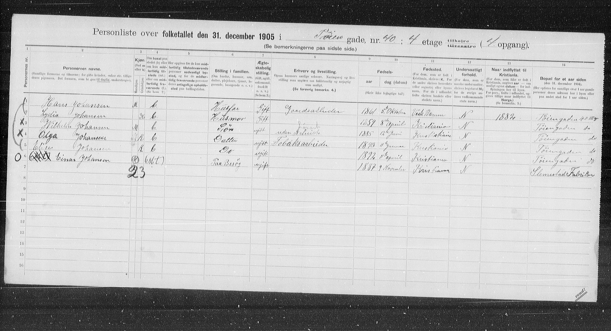 OBA, Municipal Census 1905 for Kristiania, 1905, p. 62274