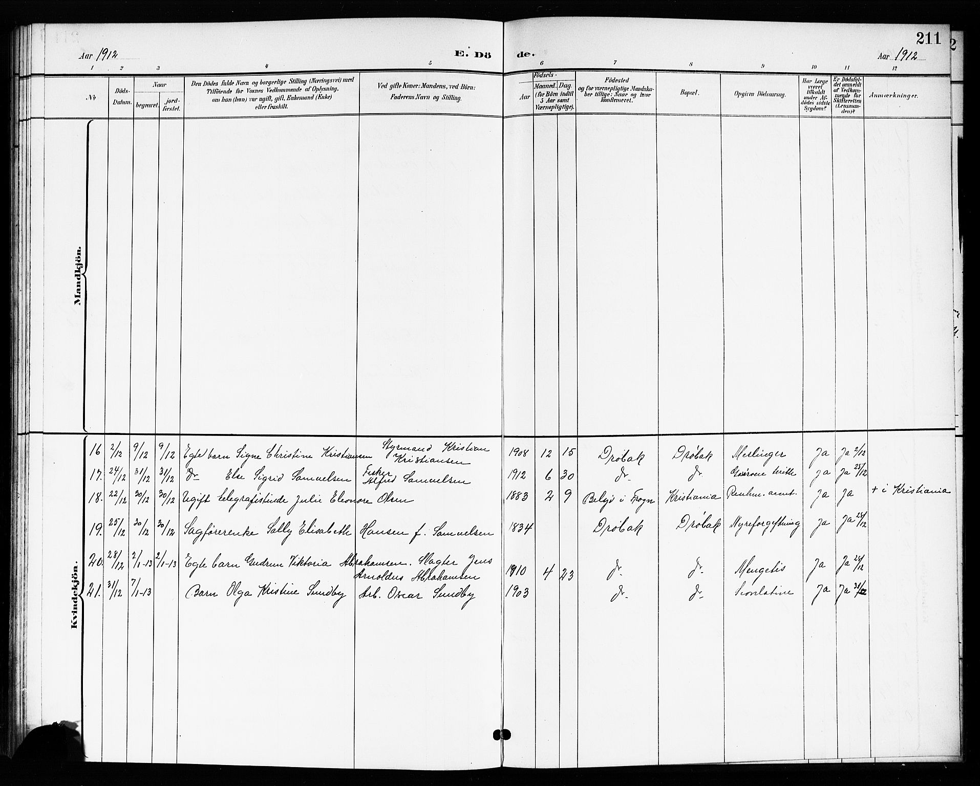 Drøbak prestekontor Kirkebøker, AV/SAO-A-10142a/G/Ga/L0001: Parish register (copy) no. I 1, 1897-1917, p. 211