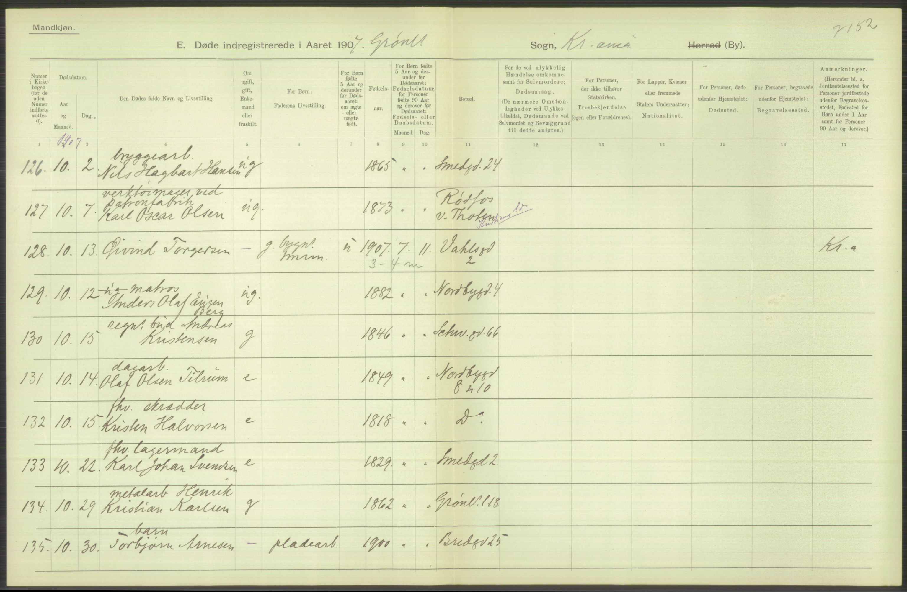 Statistisk sentralbyrå, Sosiodemografiske emner, Befolkning, AV/RA-S-2228/D/Df/Dfa/Dfae/L0010: Kristiania: Døde, dødfødte, 1907, p. 338