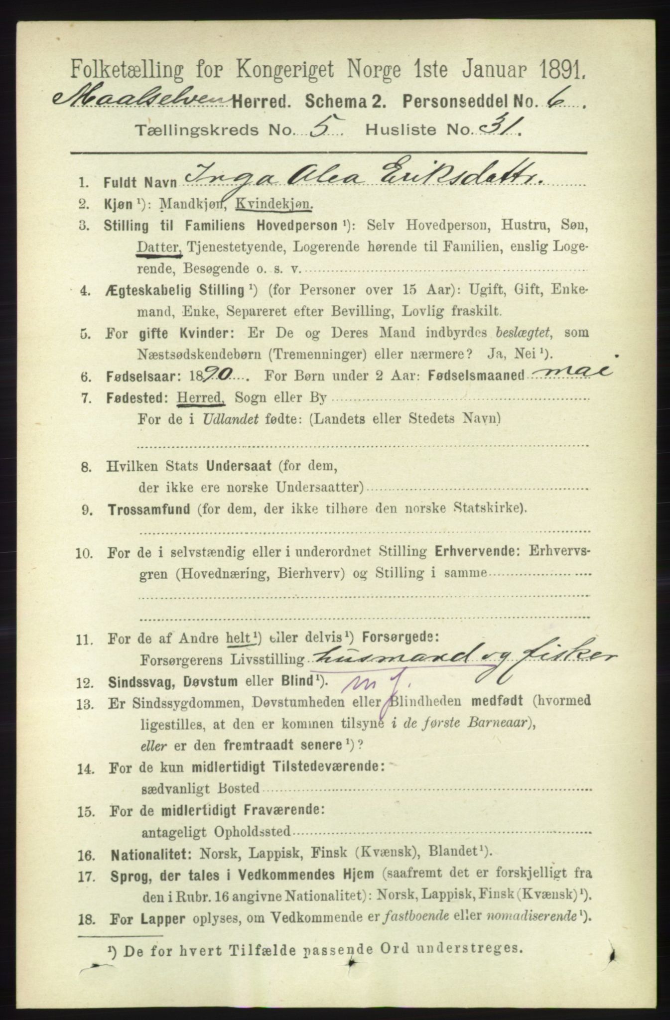 RA, 1891 census for 1924 Målselv, 1891, p. 1826