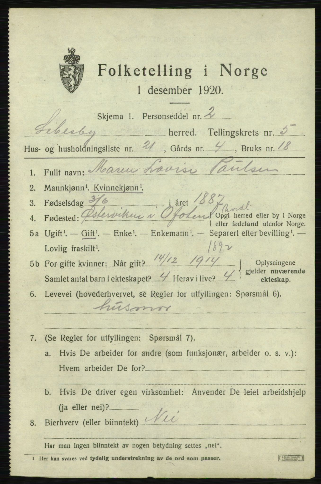 SATØ, 1920 census for Lebesby, 1920, p. 2619