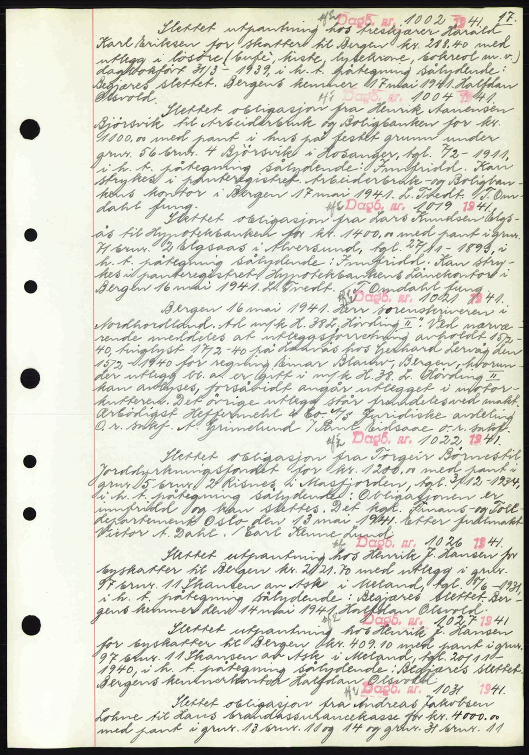 Nordhordland sorenskrivar, SAB/A-2901/1/G/Gb/Gbj/L0004: Mortgage book no. B7-8, 1940-1942, Diary no: : 1002/1941