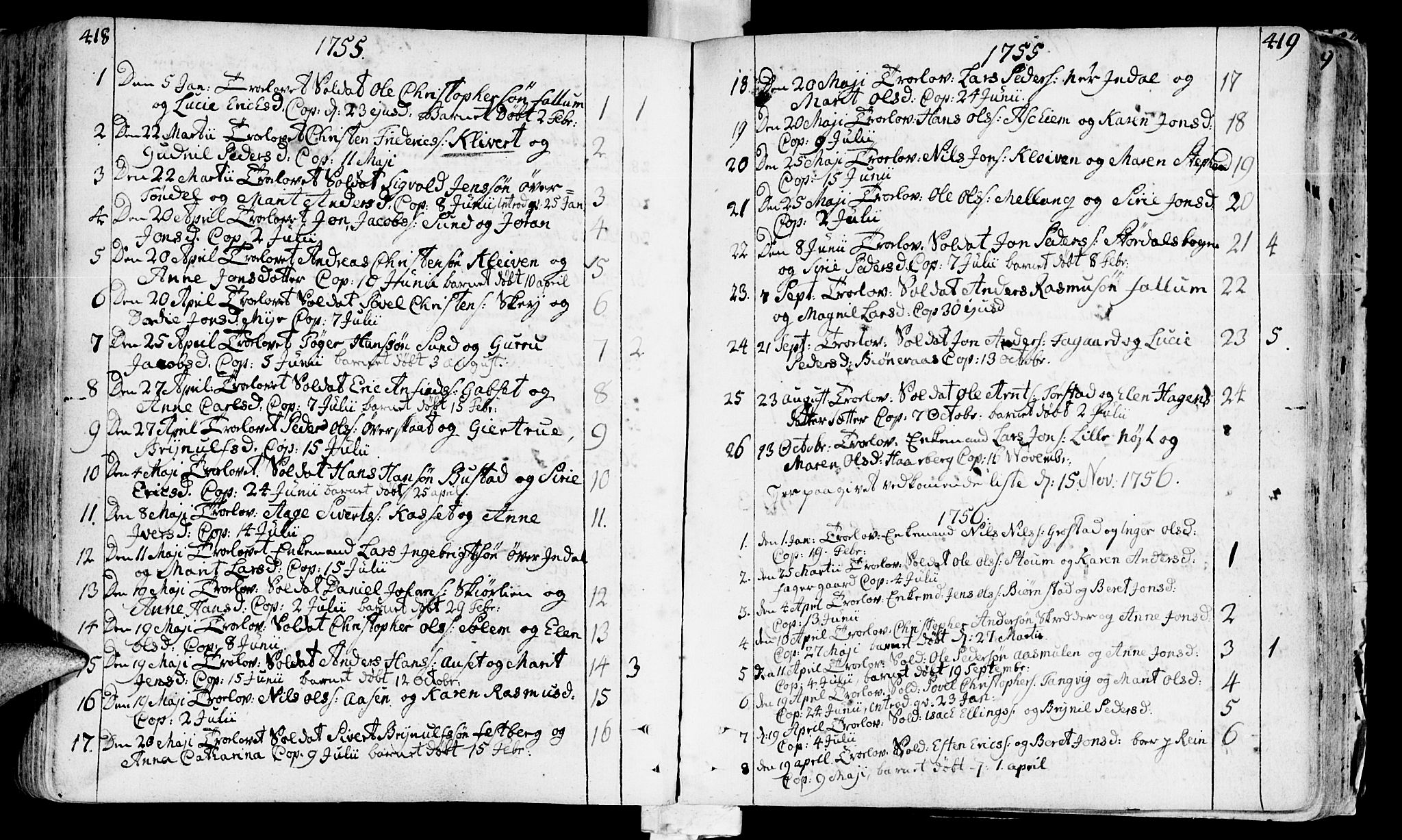 Ministerialprotokoller, klokkerbøker og fødselsregistre - Sør-Trøndelag, SAT/A-1456/646/L0605: Parish register (official) no. 646A03, 1751-1790, p. 418-419