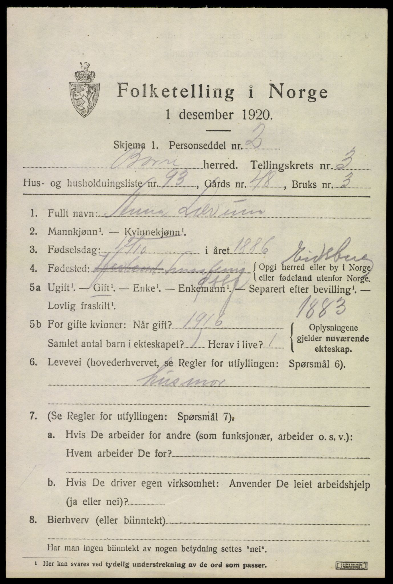 SAKO, 1920 census for Borre, 1920, p. 7126